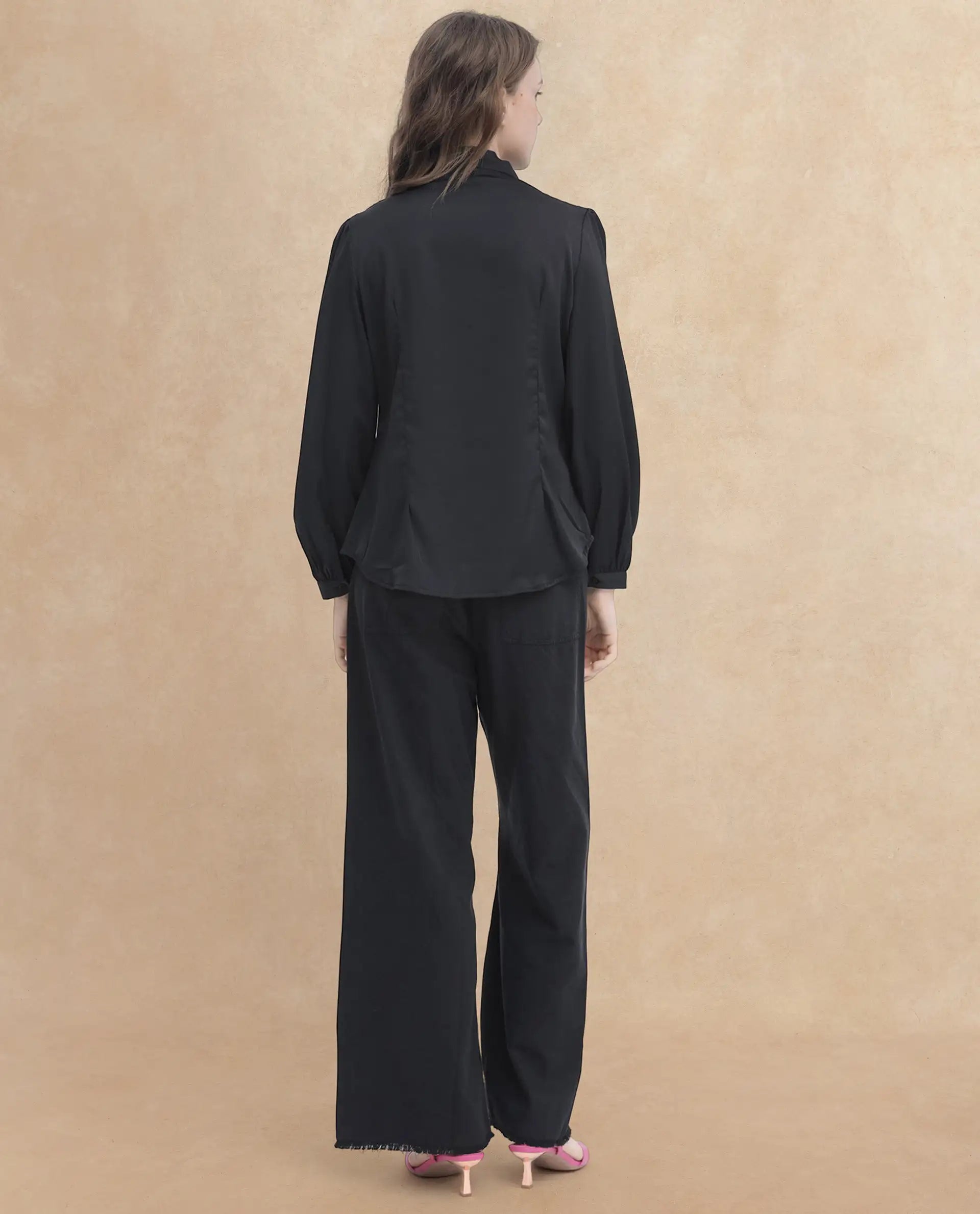 Rareism Women Caplan Black Polyester Fabric Full Sleeves Button Closure Over Lap Bishop Sleeve Regular Fit Plain Top