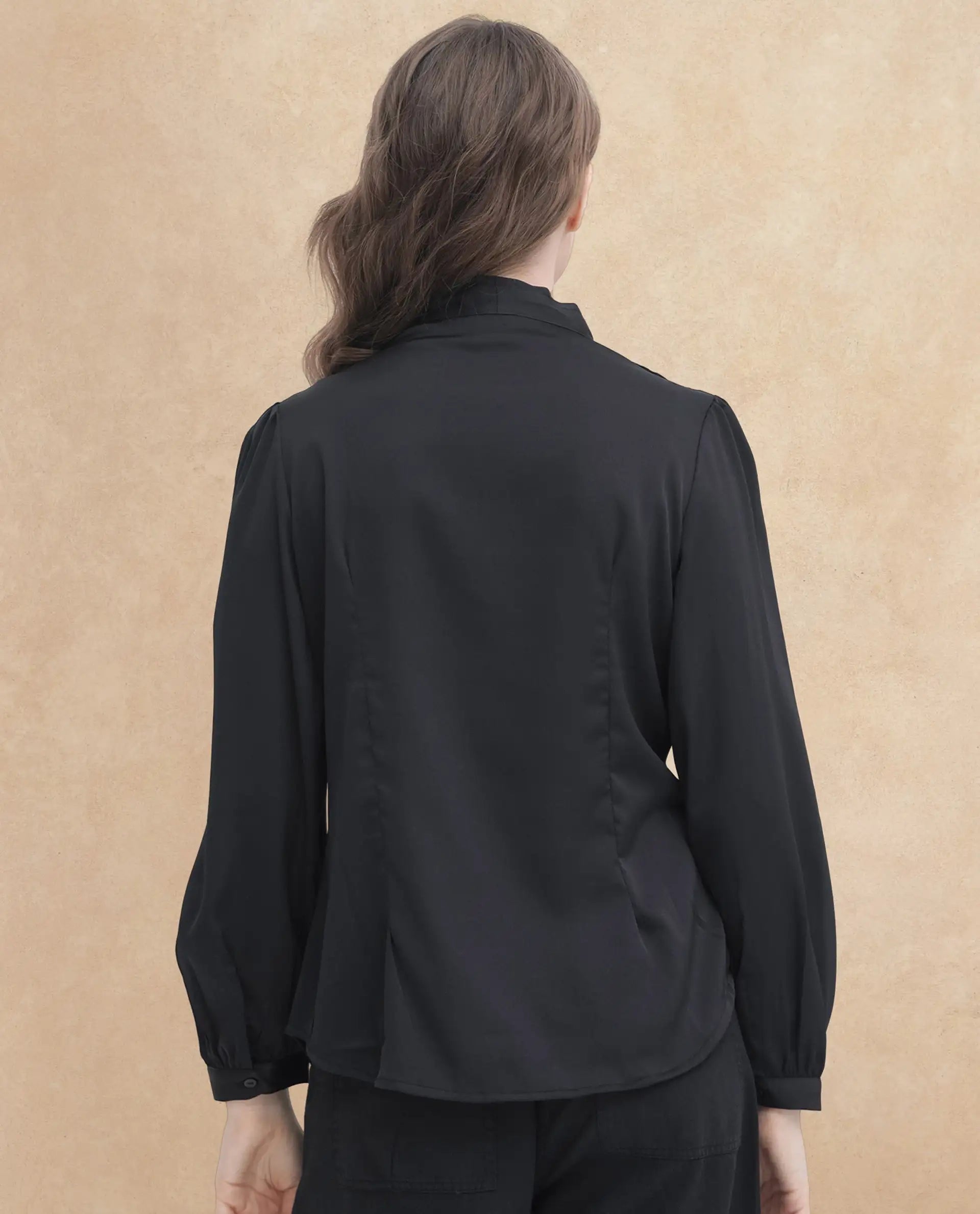 Rareism Women Caplan Black Polyester Fabric Full Sleeves Button Closure Over Lap Bishop Sleeve Regular Fit Plain Top