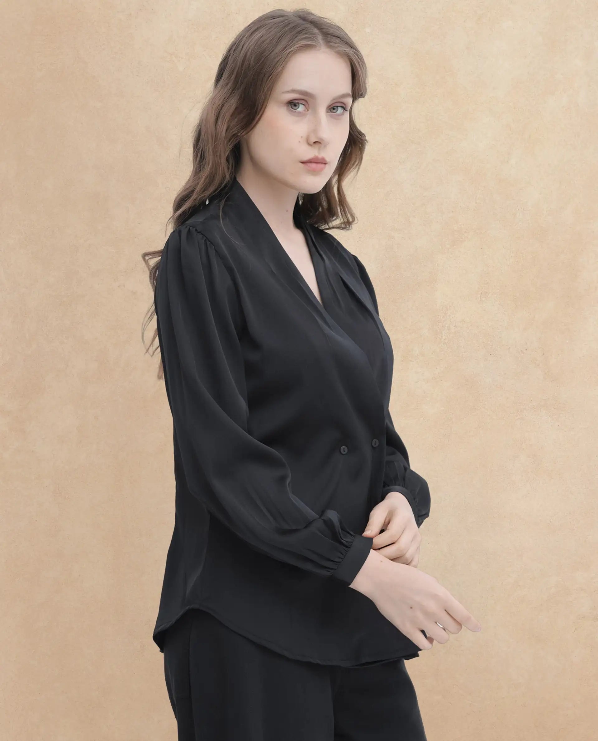 Rareism Women Caplan Black Polyester Fabric Full Sleeves Button Closure Over Lap Bishop Sleeve Regular Fit Plain Top
