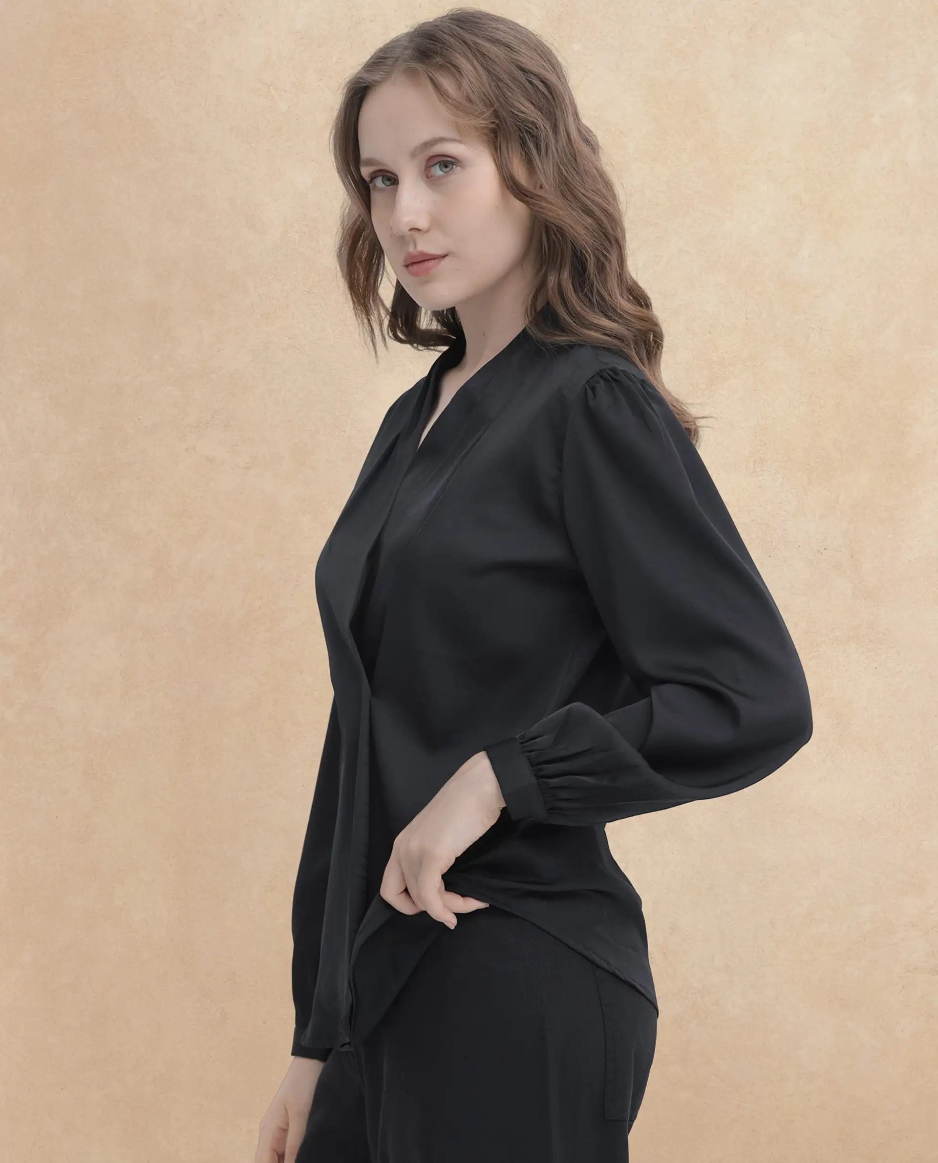 Rareism Women Caplan Black Polyester Fabric Full Sleeves Button Closure Over Lap Bishop Sleeve Regular Fit Plain Top