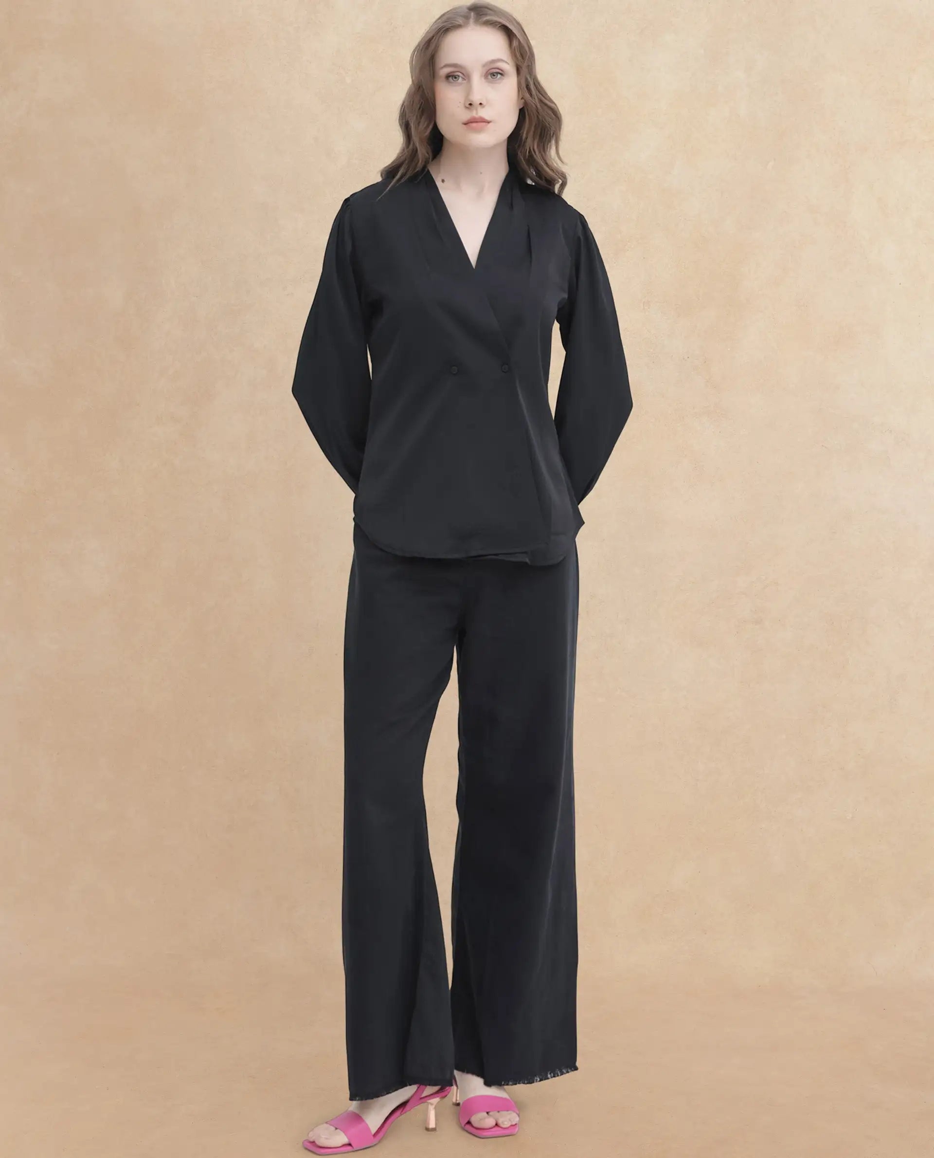 Rareism Women Caplan Black Polyester Fabric Full Sleeves Button Closure Over Lap Bishop Sleeve Regular Fit Plain Top