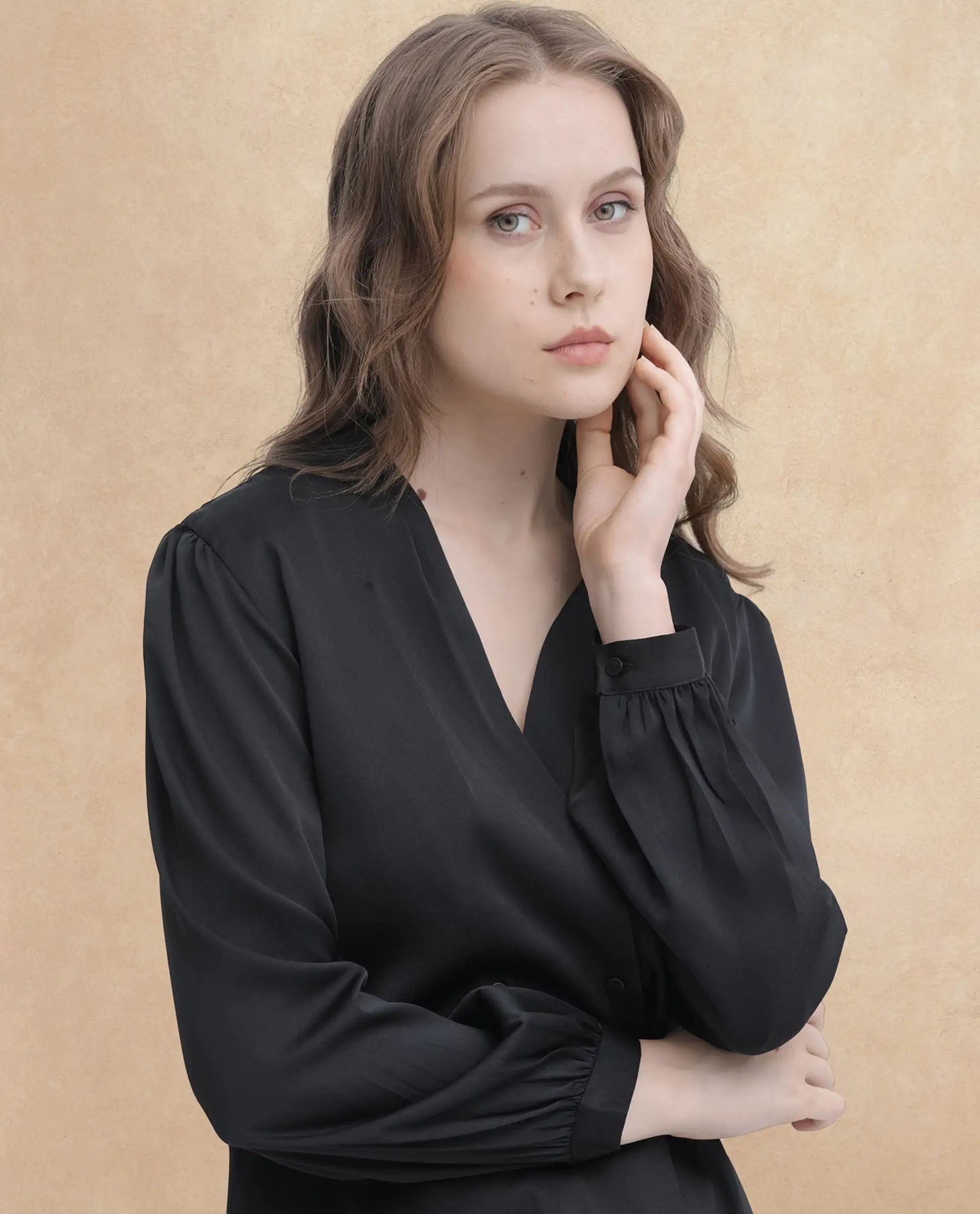 Rareism Women Caplan Black Polyester Fabric Full Sleeves Button Closure Over Lap Bishop Sleeve Regular Fit Plain Top