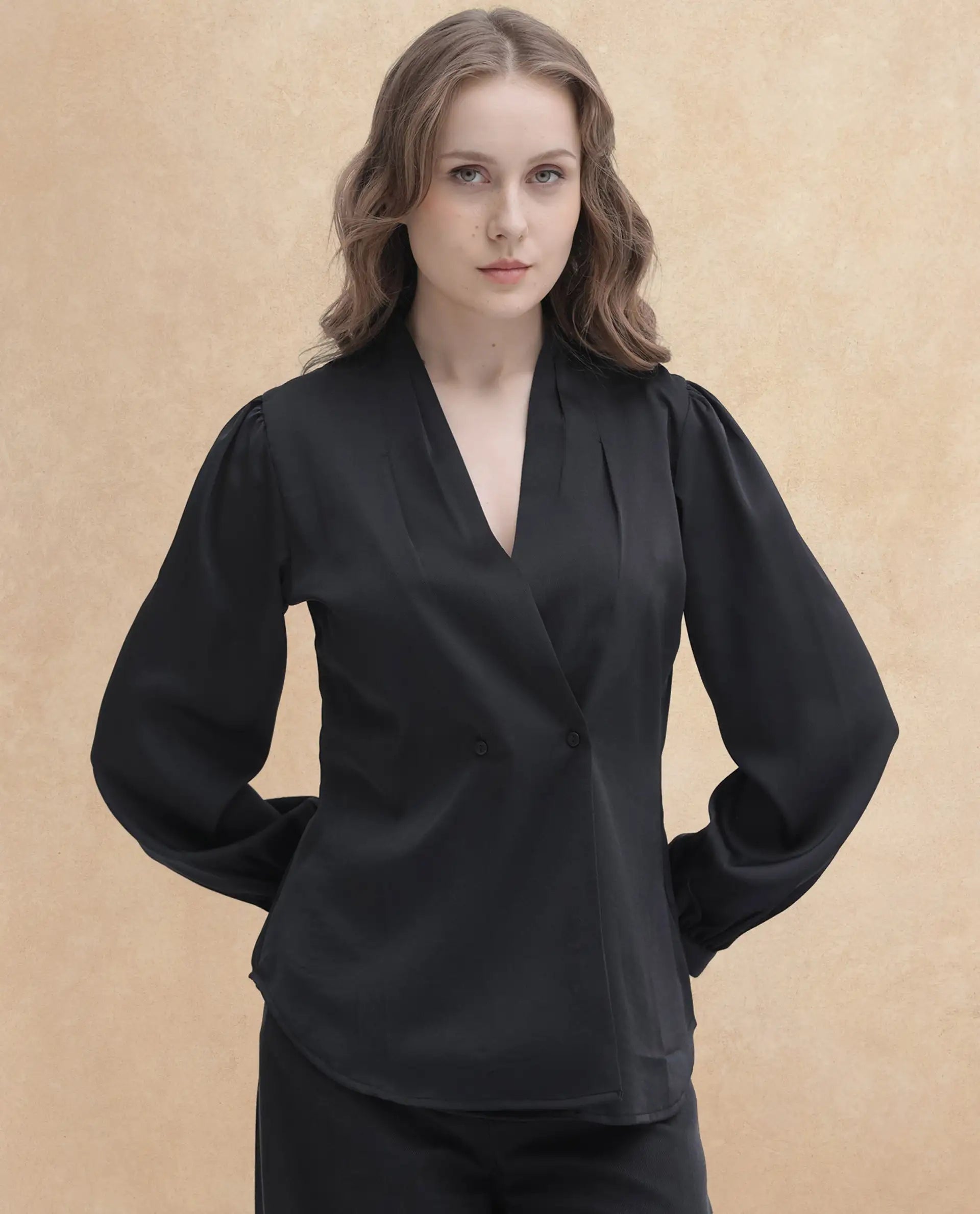 Rareism Women Caplan Black Polyester Fabric Full Sleeves Button Closure Over Lap Bishop Sleeve Regular Fit Plain Top