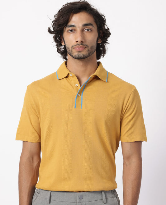 Rare Rabbit Men's Cardona Mustard Cotton Fabric Collared Neck Half Sleeves Striped Polo T-Shirt