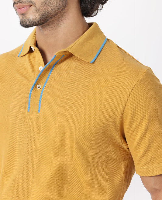 Rare Rabbit Men's Cardona Mustard Cotton Fabric Collared Neck Half Sleeves Striped Polo T-Shirt