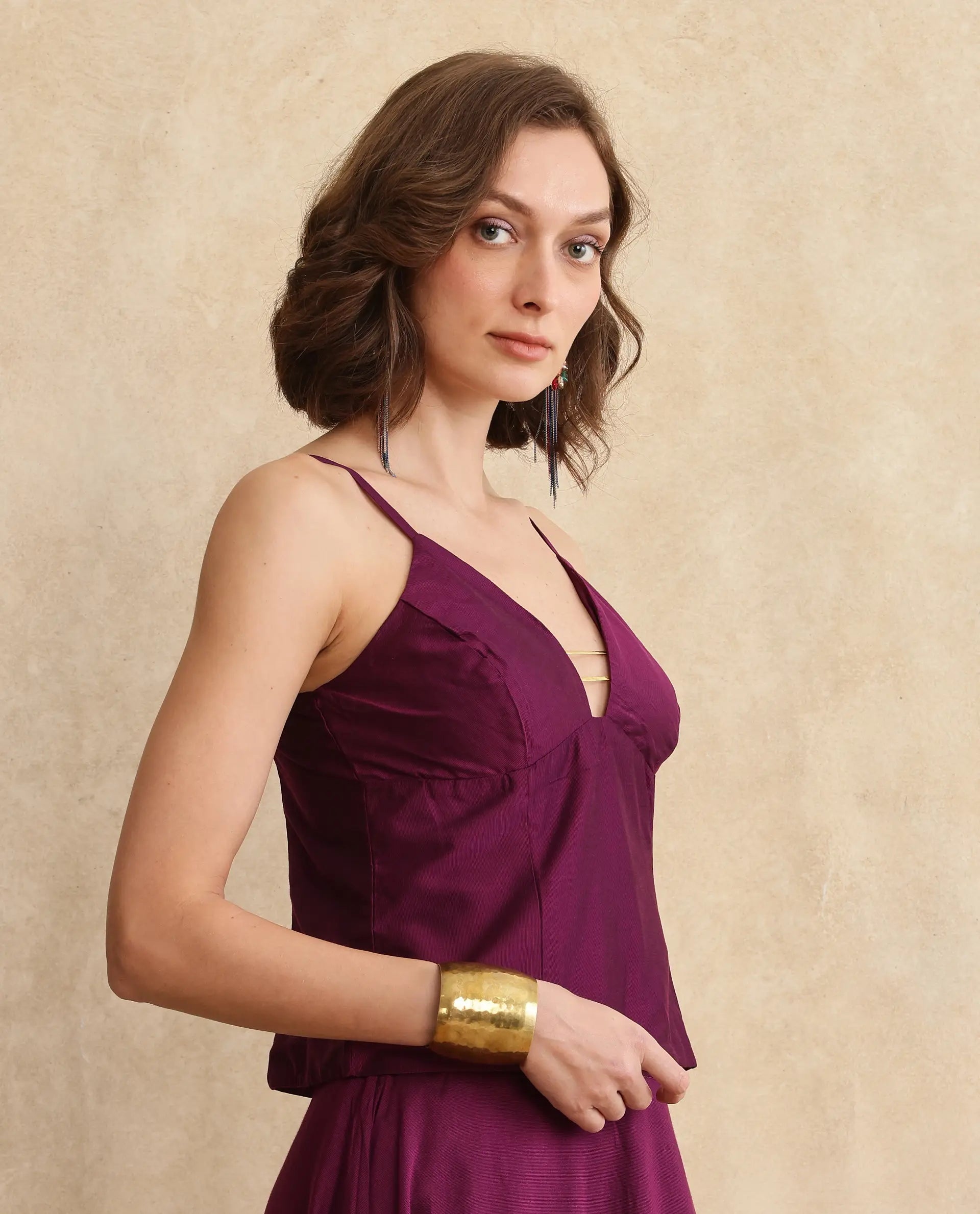 Rareism Women Carfa Purple Silk Sleeveless Shoulder Straps Zipper Closure Fitted Cropped Narrow Plain Top