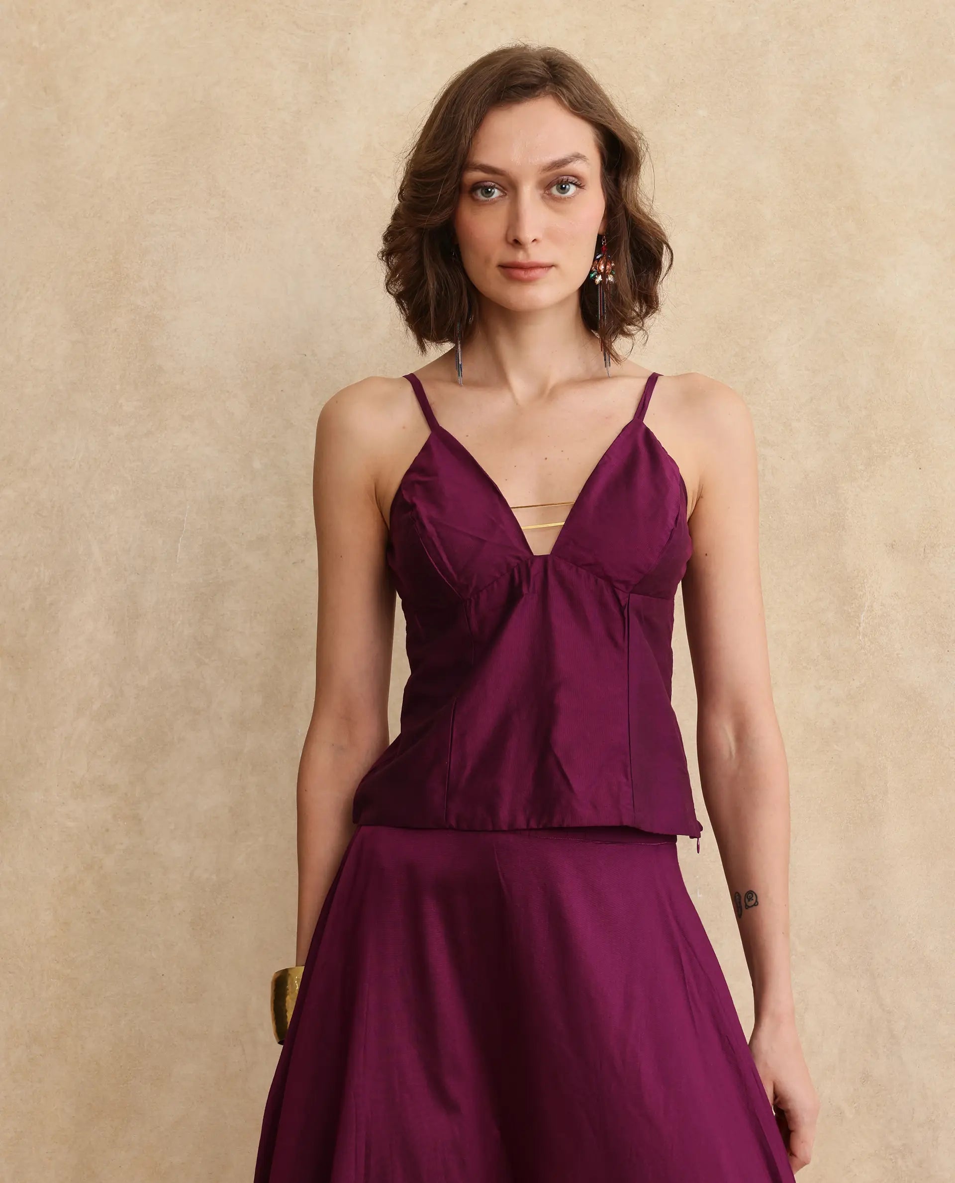 Rareism Women Carfa Purple Silk Sleeveless Shoulder Straps Zipper Closure Fitted Cropped Narrow Plain Top