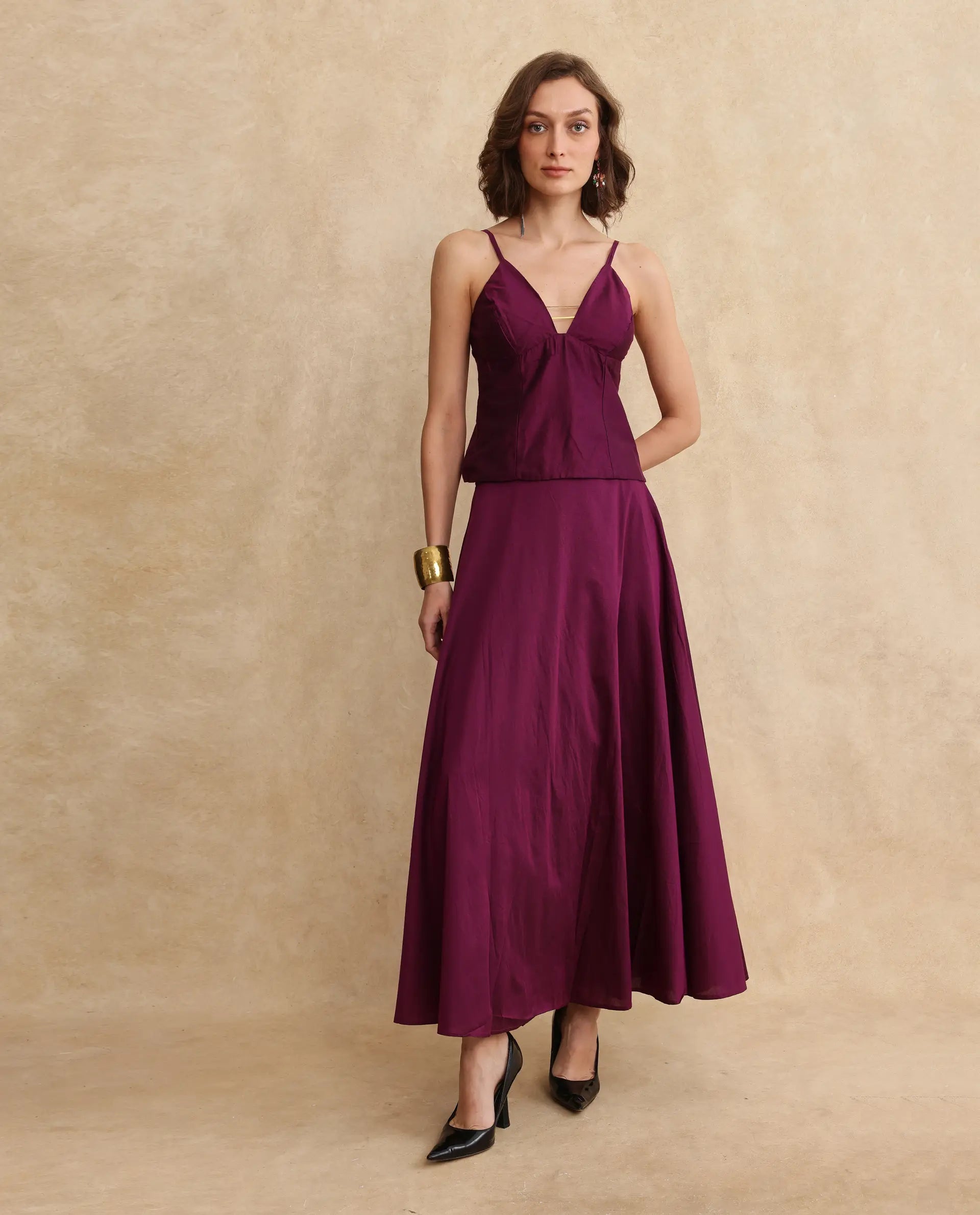 Rareism Women Carfa Purple Silk Sleeveless Shoulder Straps Zipper Closure Fitted Cropped Narrow Plain Top