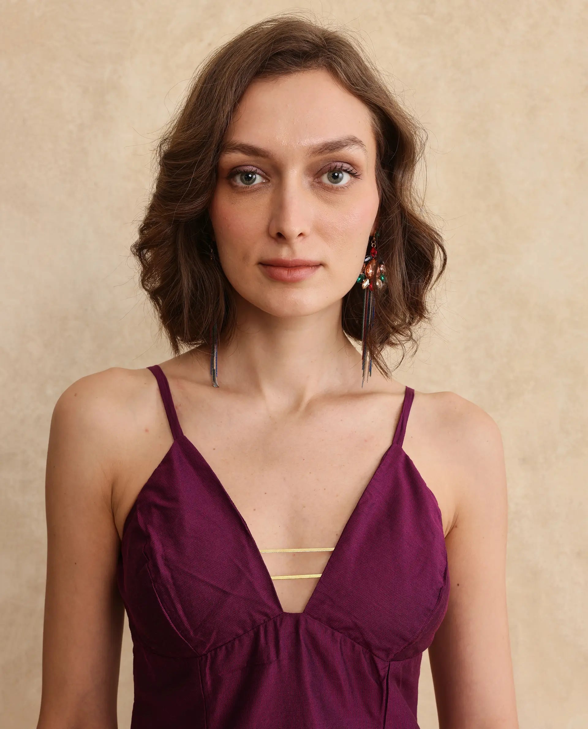 Rareism Women Carfa Purple Silk Sleeveless Shoulder Straps Zipper Closure Fitted Cropped Narrow Plain Top