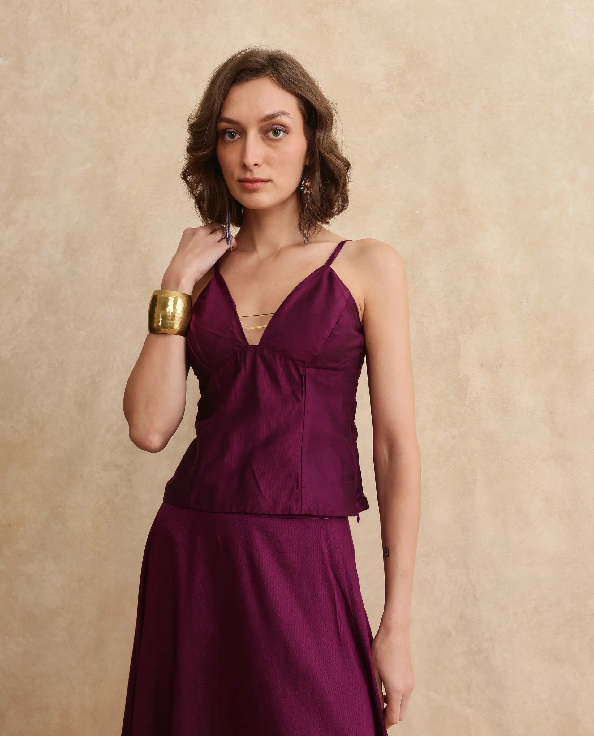 Rareism Women Carfa Purple Silk Sleeveless Shoulder Straps Zipper Closure Fitted Cropped Narrow Plain Top