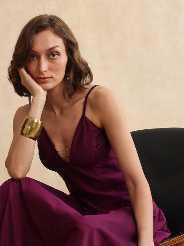 Rareism Women Carfa Purple Silk Sleeveless Shoulder Straps Zipper Closure Fitted Cropped Narrow Plain Top