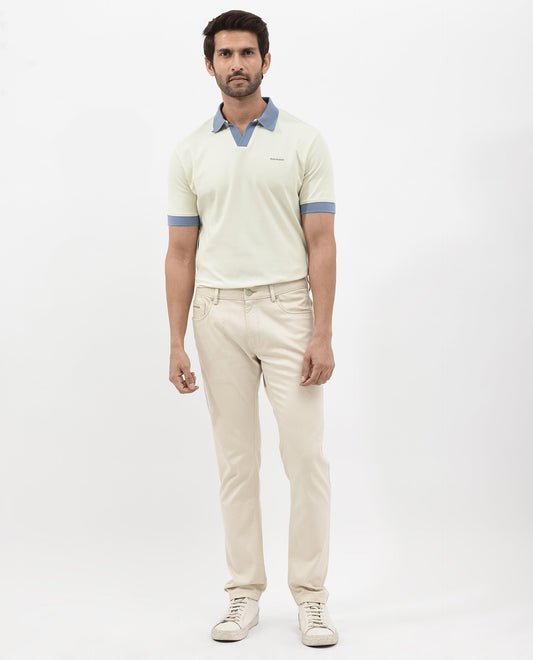 Rare Rabbit Men's Carmelon Light Green Cotton Fabric Johnny Collar Short Sleeves Plain Knit Polo