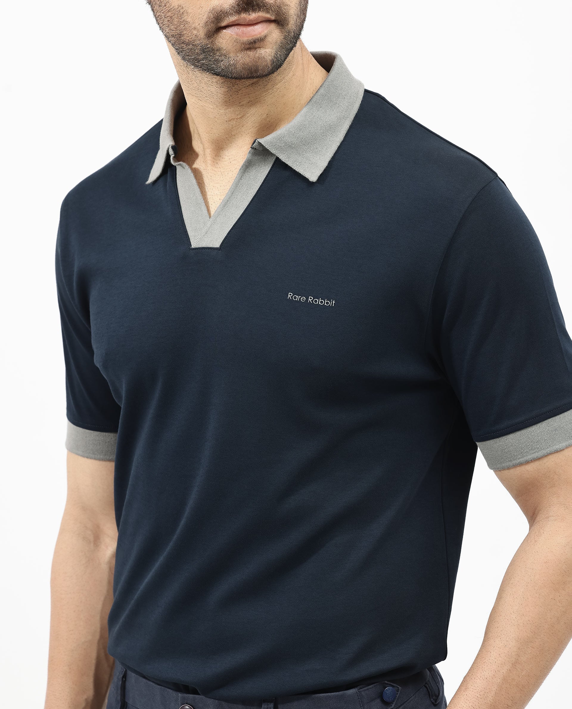 Rare Rabbit Men's Carmelon Navy Cotton Fabric Johnny Collar Short Sleeves Plain Knit Polo