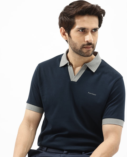 Rare Rabbit Men's Carmelon Navy Cotton Fabric Johnny Collar Short Sleeves Plain Knit Polo