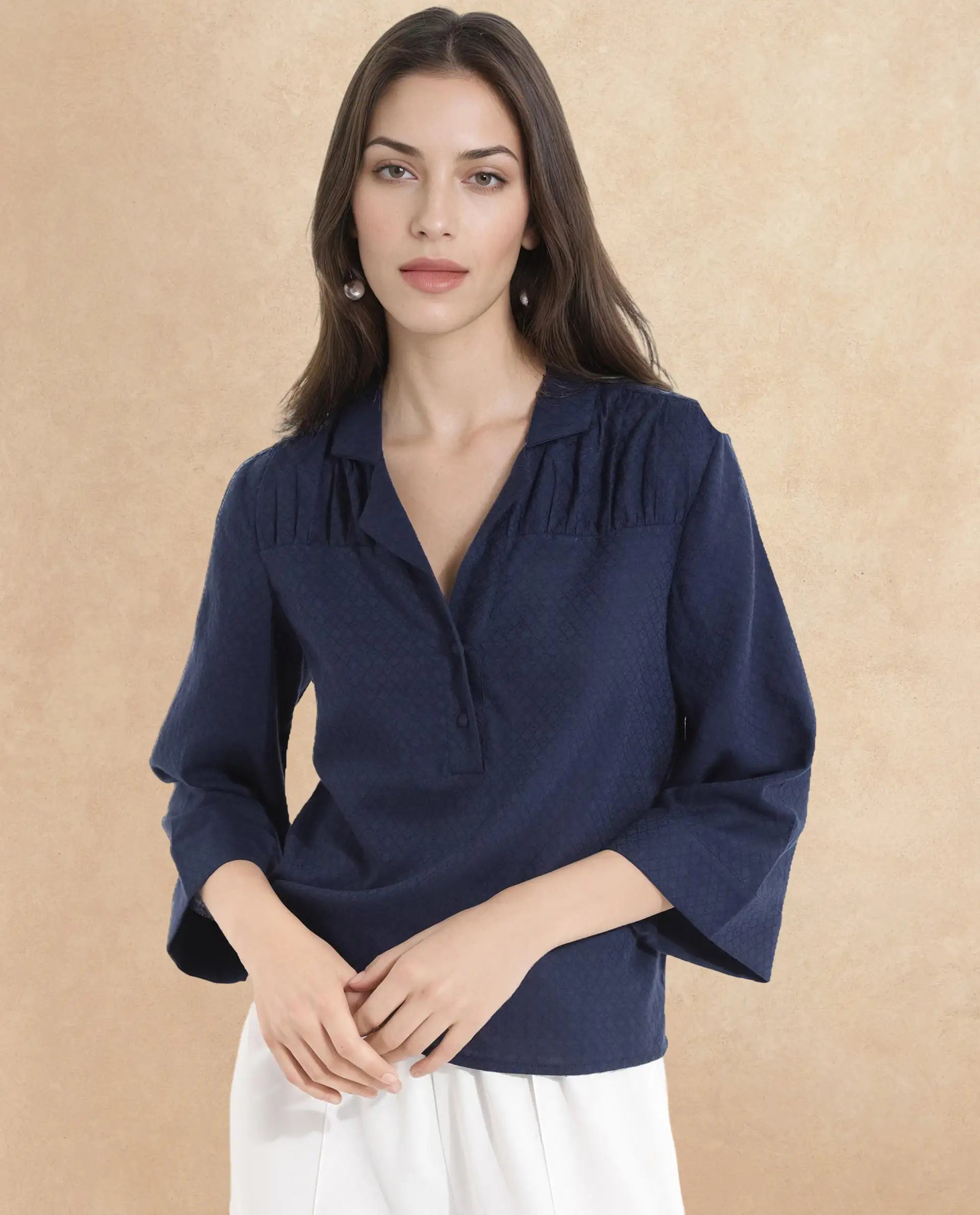 Rareism Women Carrara Dark Blue 3/4Th Sleeve Lapel Collar Button Closure Plain Top