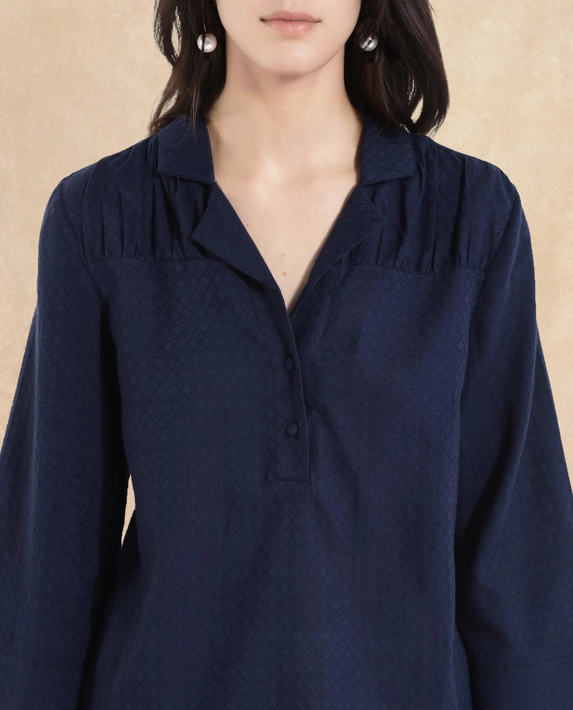 Rareism Women Carrara Dark Blue 3/4Th Sleeve Lapel Collar Button Closure Plain Top