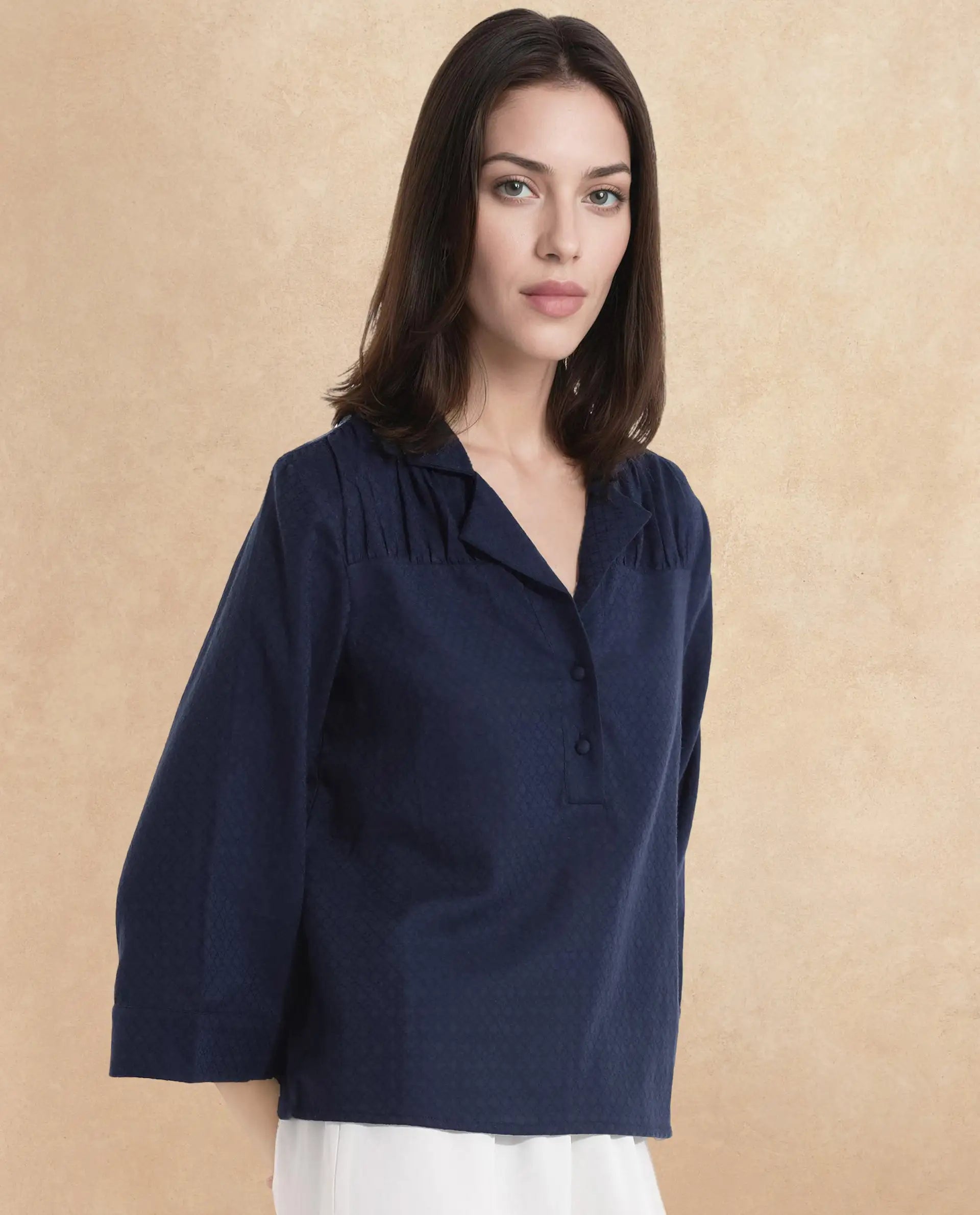 Rareism Women Carrara Dark Blue 3/4Th Sleeve Lapel Collar Button Closure Plain Top