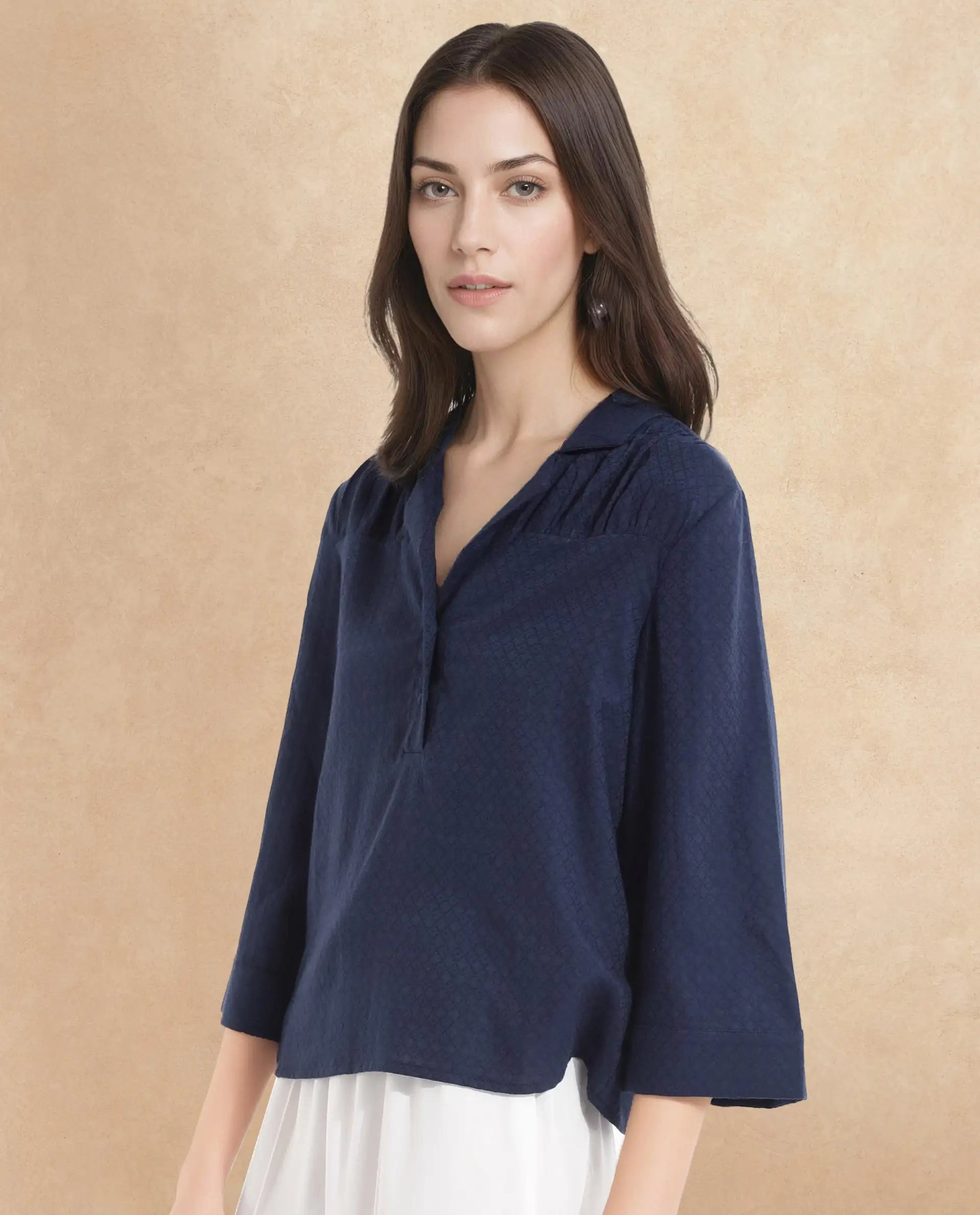 Rareism Women Carrara Dark Blue 3/4Th Sleeve Lapel Collar Button Closure Plain Top