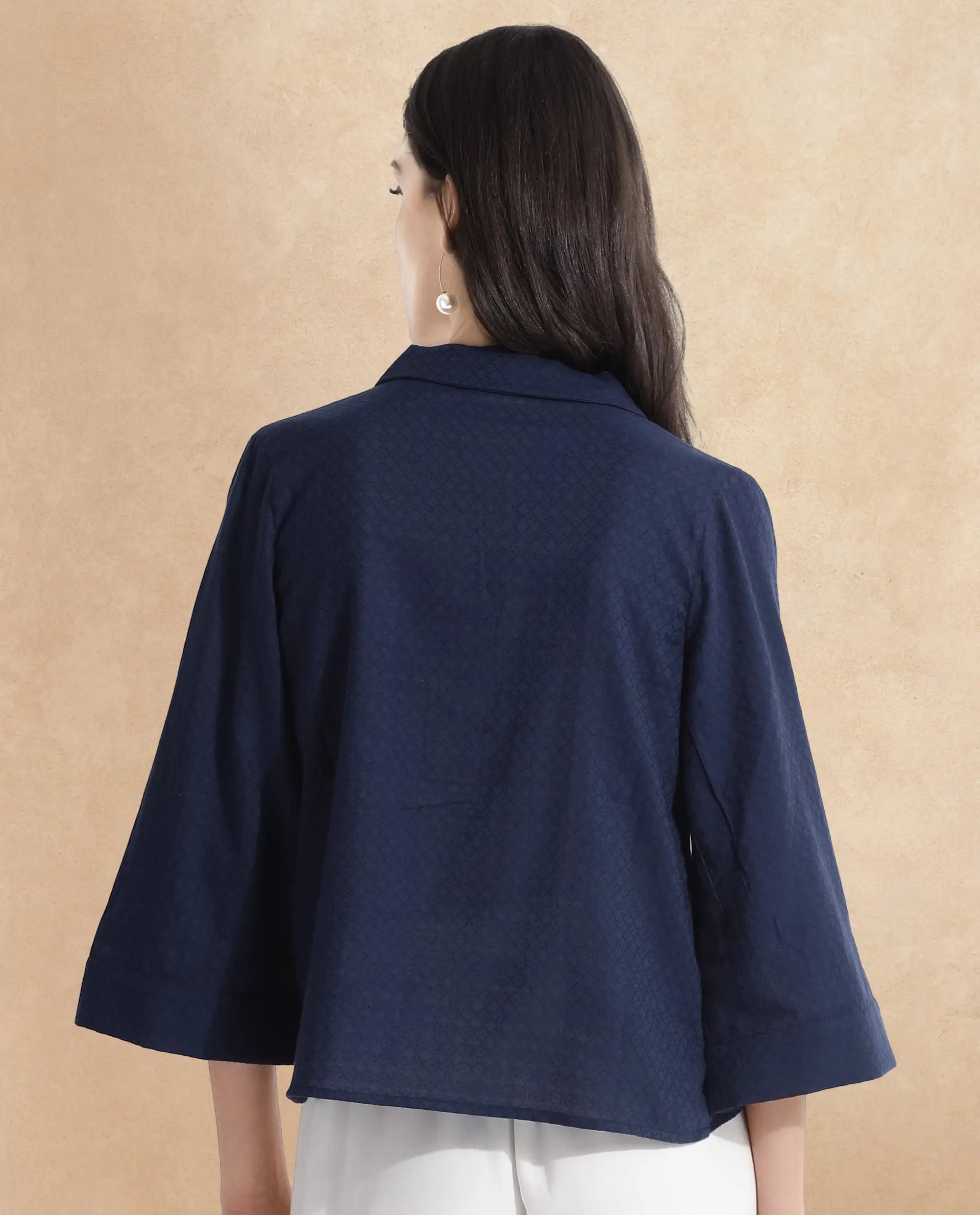 Rareism Women Carrara Dark Blue 3/4Th Sleeve Lapel Collar Button Closure Plain Top