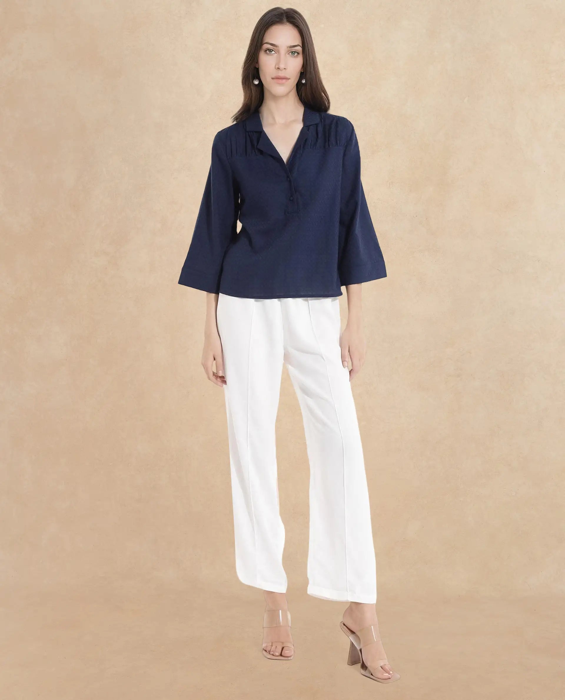 Rareism Women Carrara Dark Blue 3/4Th Sleeve Lapel Collar Button Closure Plain Top