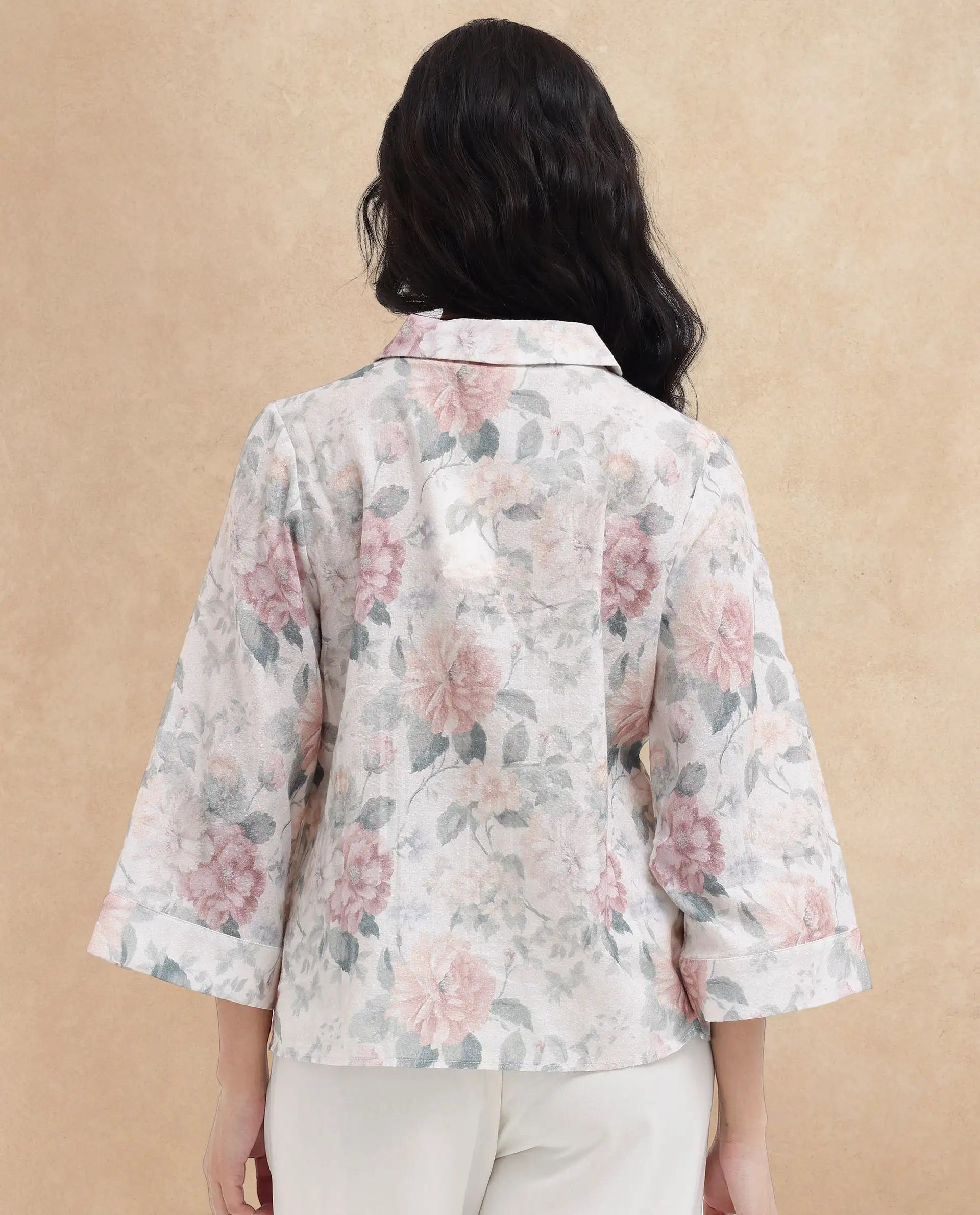 Rareism Women Carrarao Light Multi Button Closure 3/4Th Sleeve Lapel Neck Floral Print Top