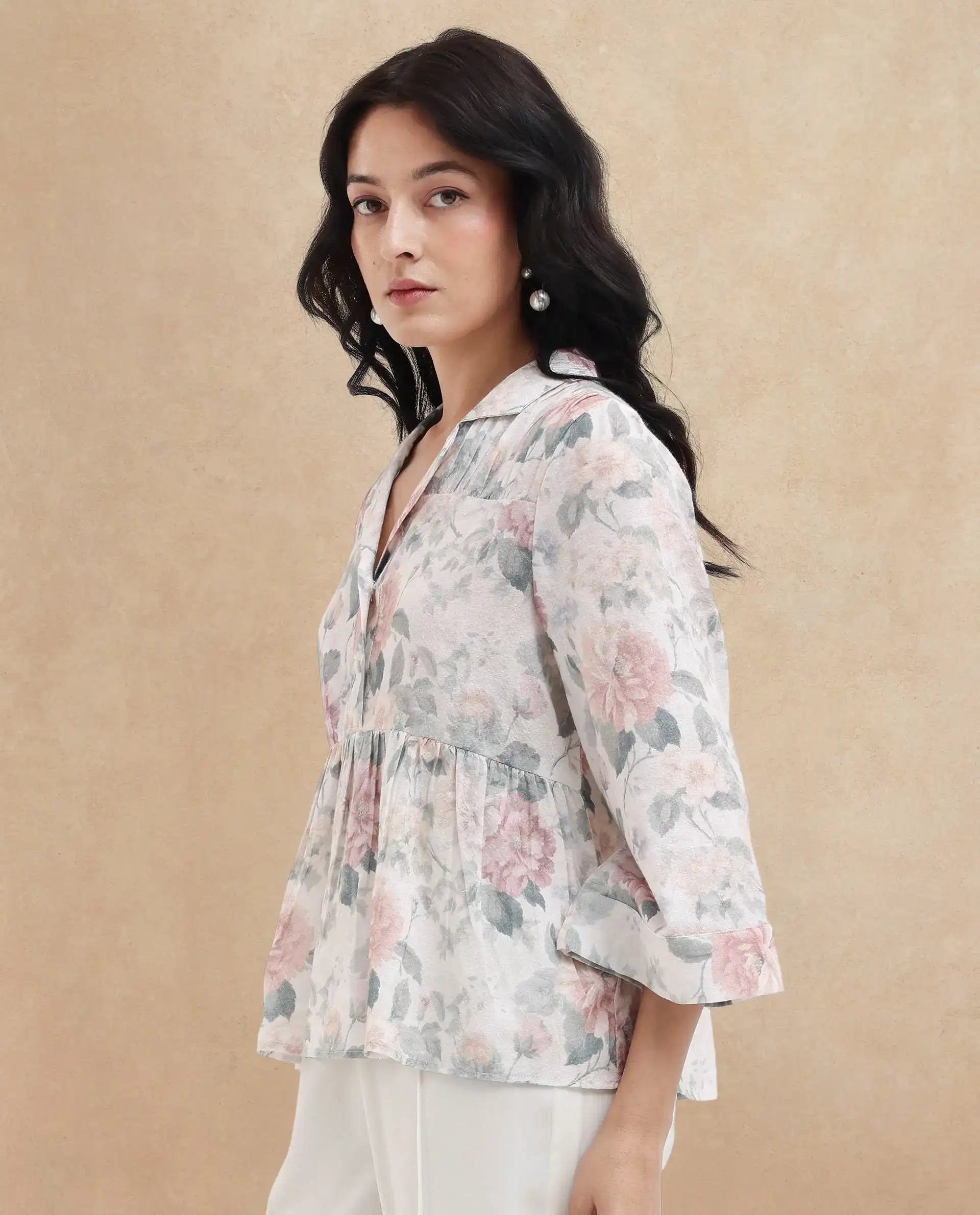 Rareism Women Carrarao Light Multi Button Closure 3/4Th Sleeve Lapel Neck Floral Print Top