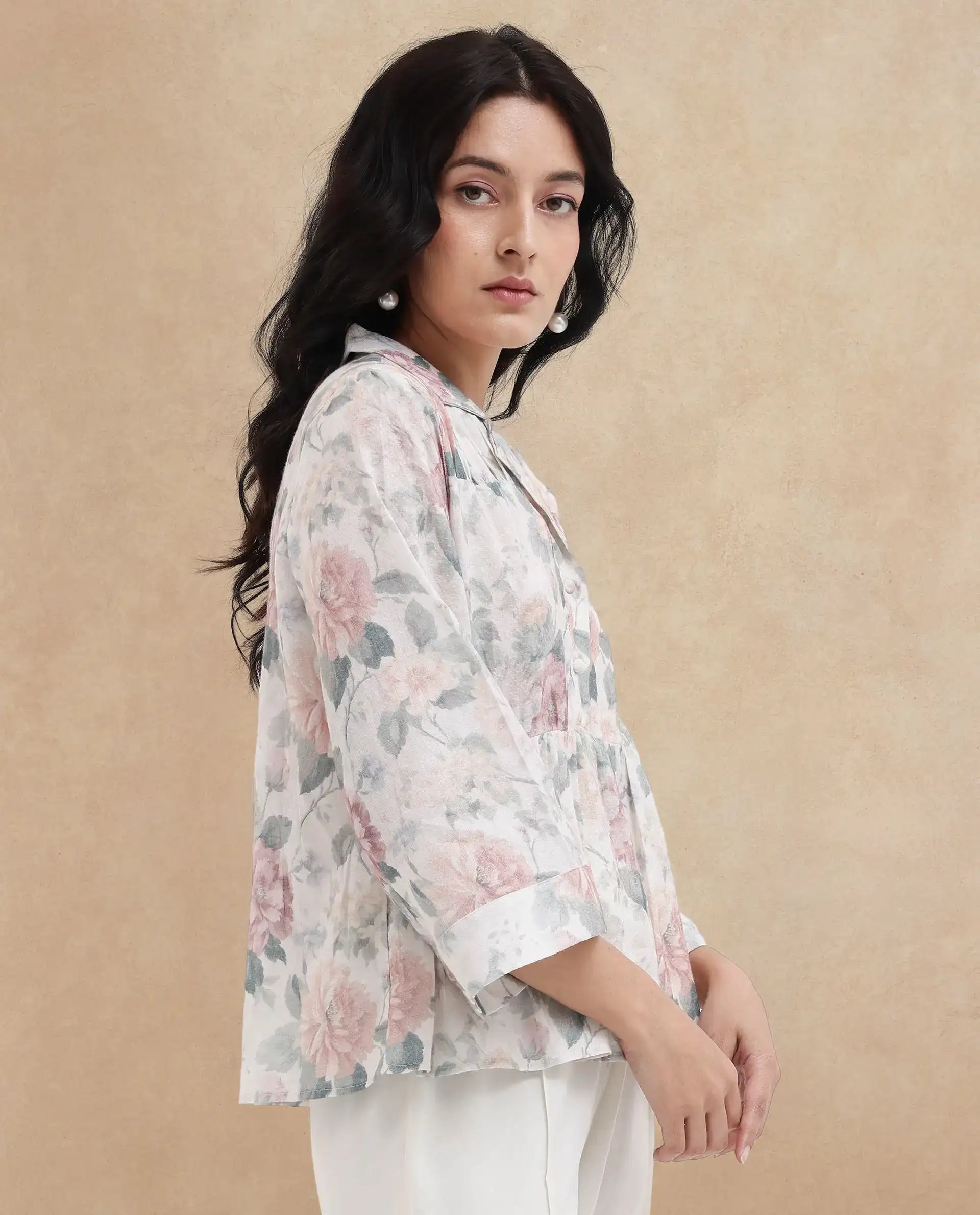 Rareism Women Carrarao Light Multi Button Closure 3/4Th Sleeve Lapel Neck Floral Print Top
