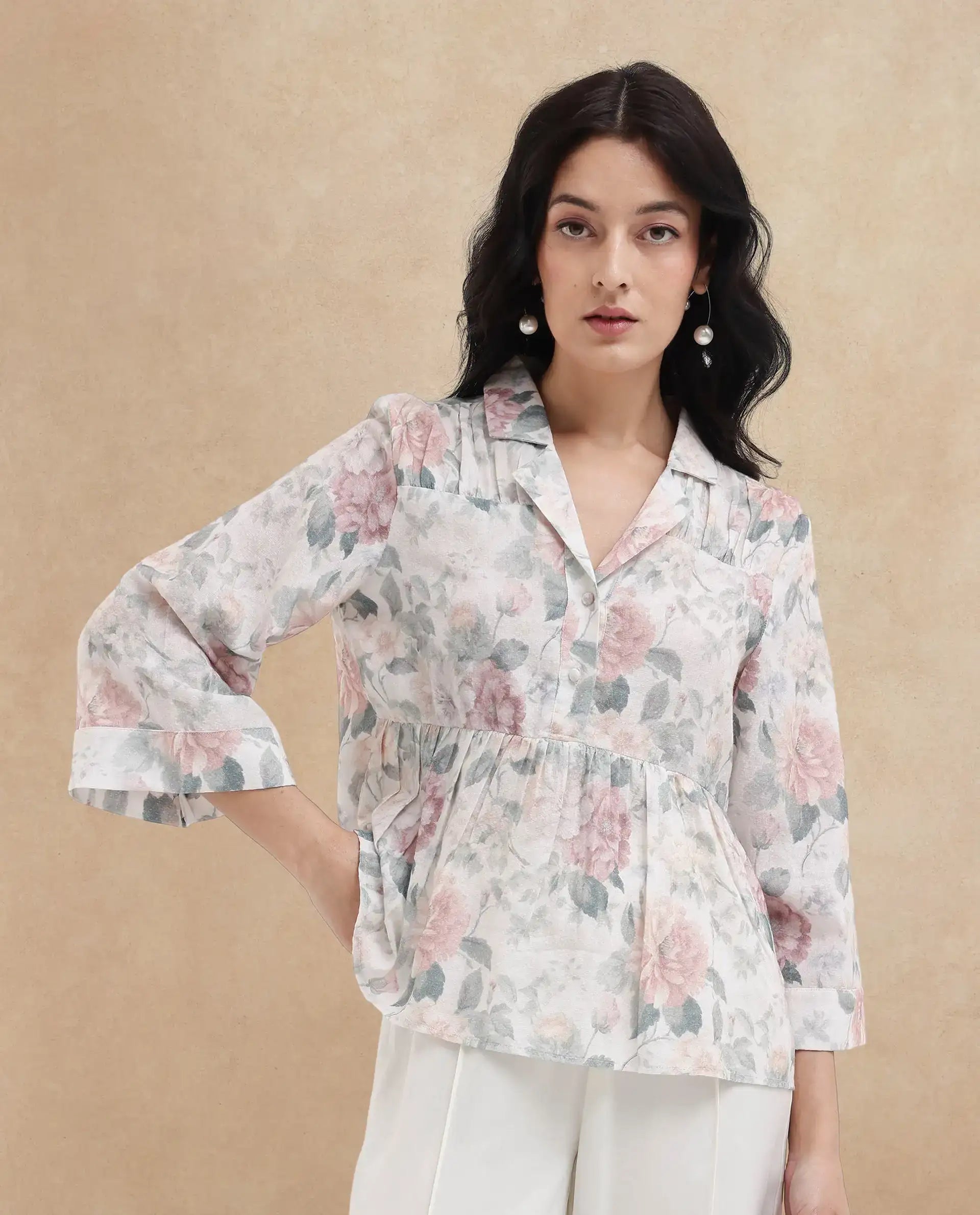 Rareism Women Carrarao Light Multi Button Closure 3/4Th Sleeve Lapel Neck Floral Print Top