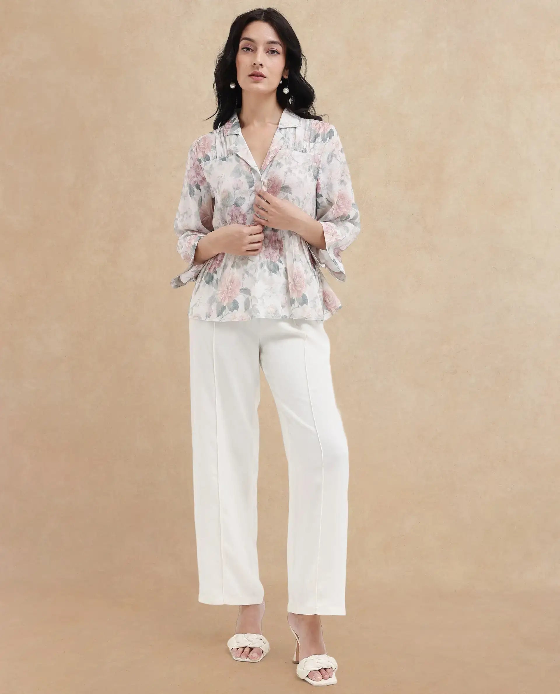 Rareism Women Carrarao Light Multi Button Closure 3/4Th Sleeve Lapel Neck Floral Print Top