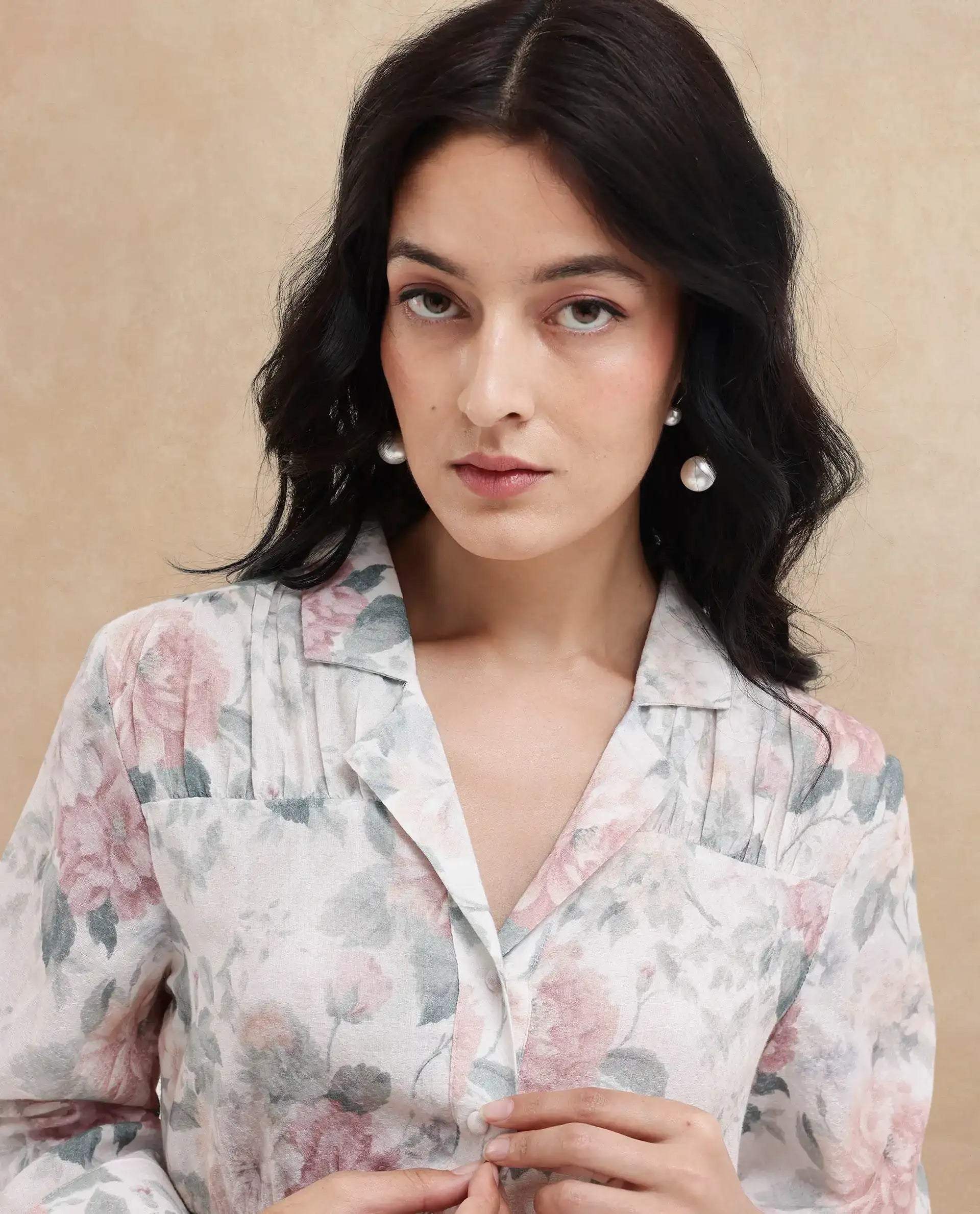 Rareism Women Carrarao Light Multi Button Closure 3/4Th Sleeve Lapel Neck Floral Print Top