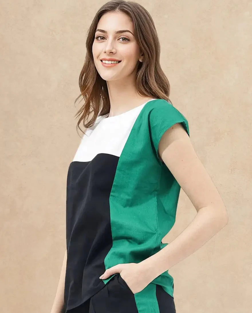 Rareism Women Caruana-T Black Cotton Fabric Cap Sleeve Round Neck Solid Regular Length Top