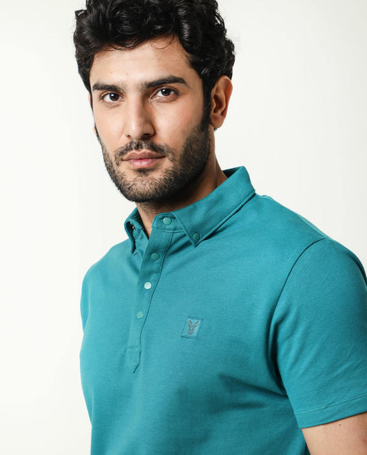 Rare Rabbit Men's Casso Green Cotton Fabric Collared Neck Half Sleeve Polo T-Shirt