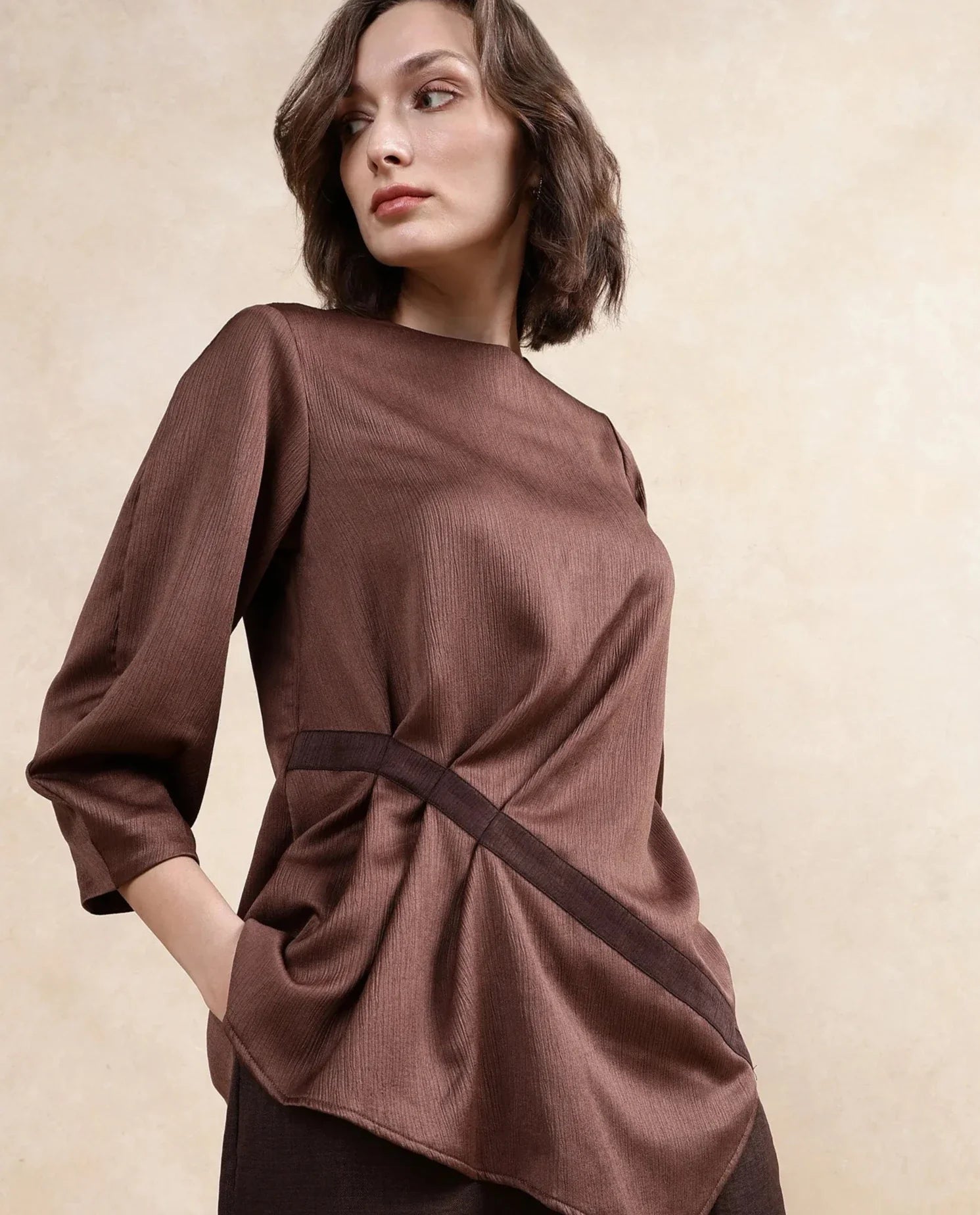 Rareism Women Ced Brown Volume Sleeve Round Neck Zipper Closure Plain Top