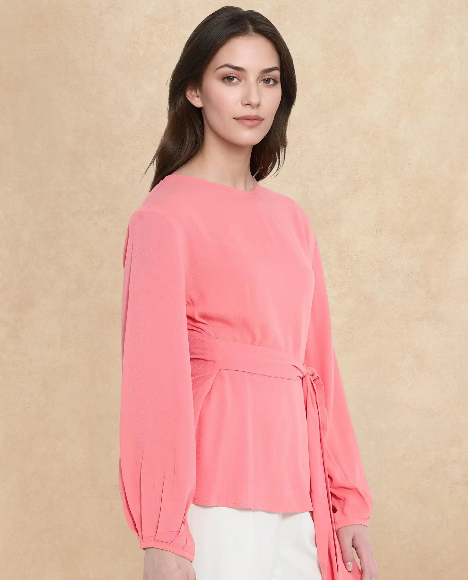 Rareism Women Centro Dark Pink Bishop Sleeve Boat Neck Plain Top