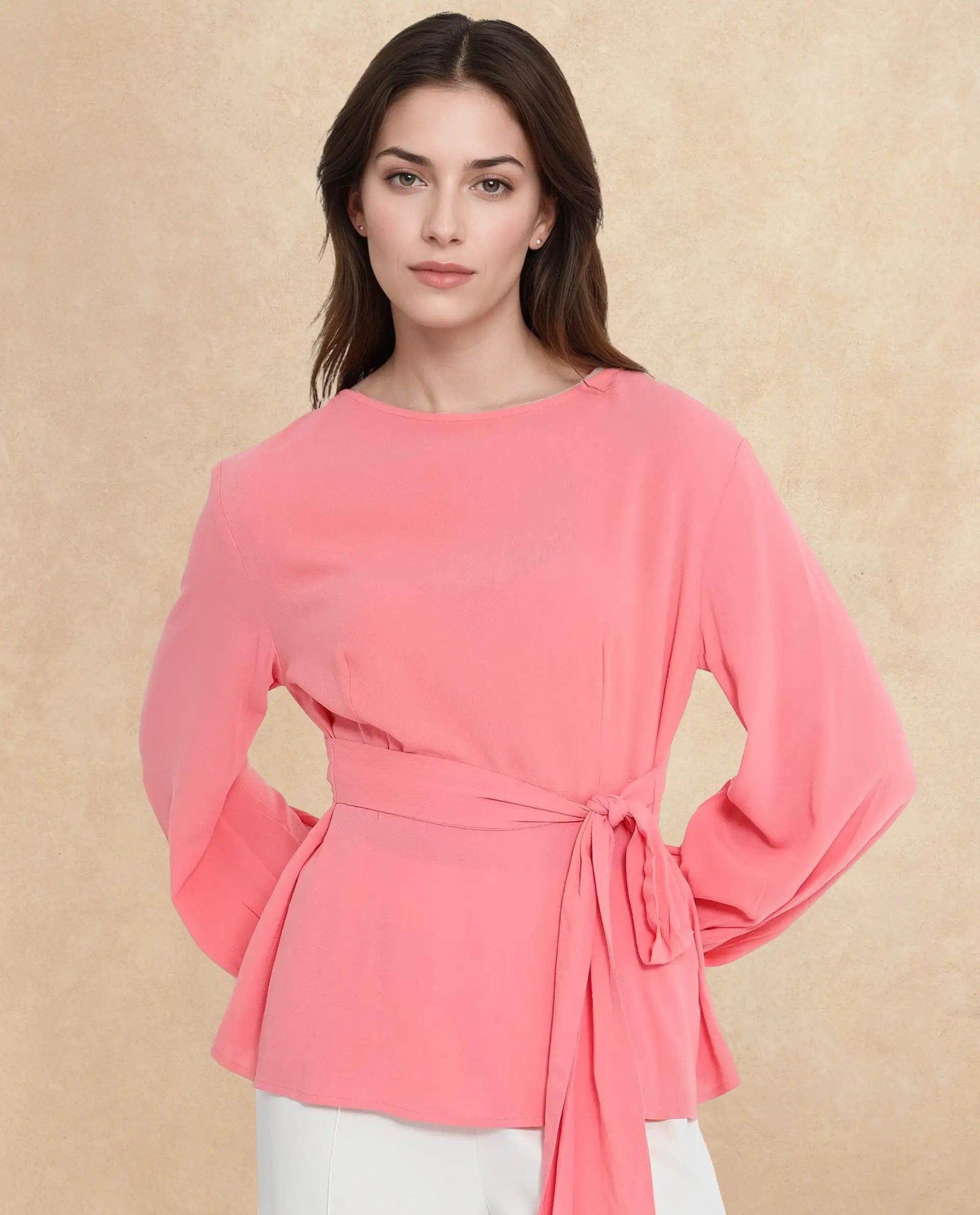 Rareism Women Centro Dark Pink Bishop Sleeve Boat Neck Plain Top