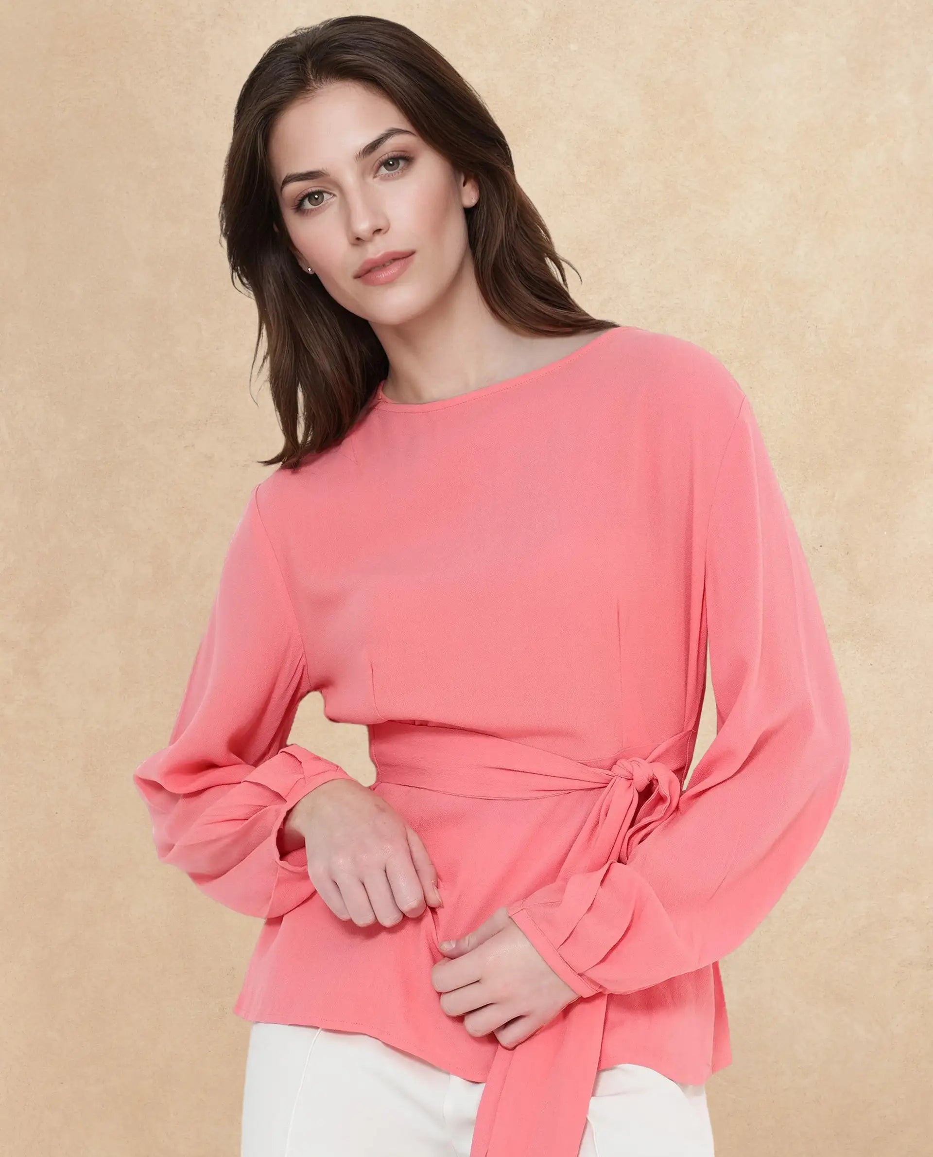 Rareism Women Centro Dark Pink Bishop Sleeve Boat Neck Plain Top