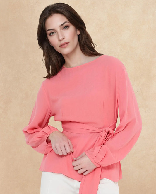 Rareism Women Centro Dark Pink Bishop Sleeve Boat Neck Plain Top
