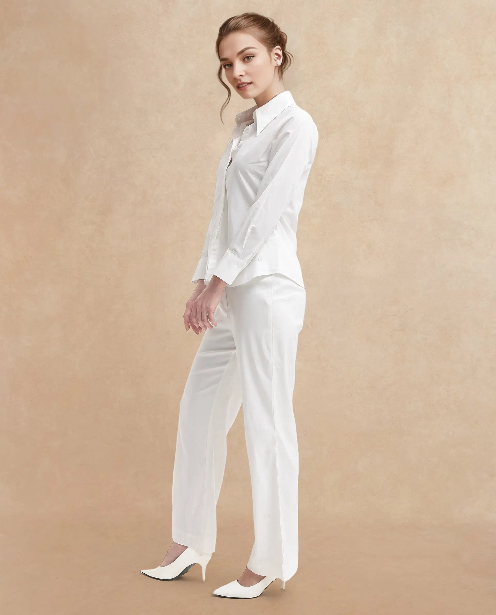 Rareism Women Ceos White Cuffed Sleeve Collared Neck Plain Top