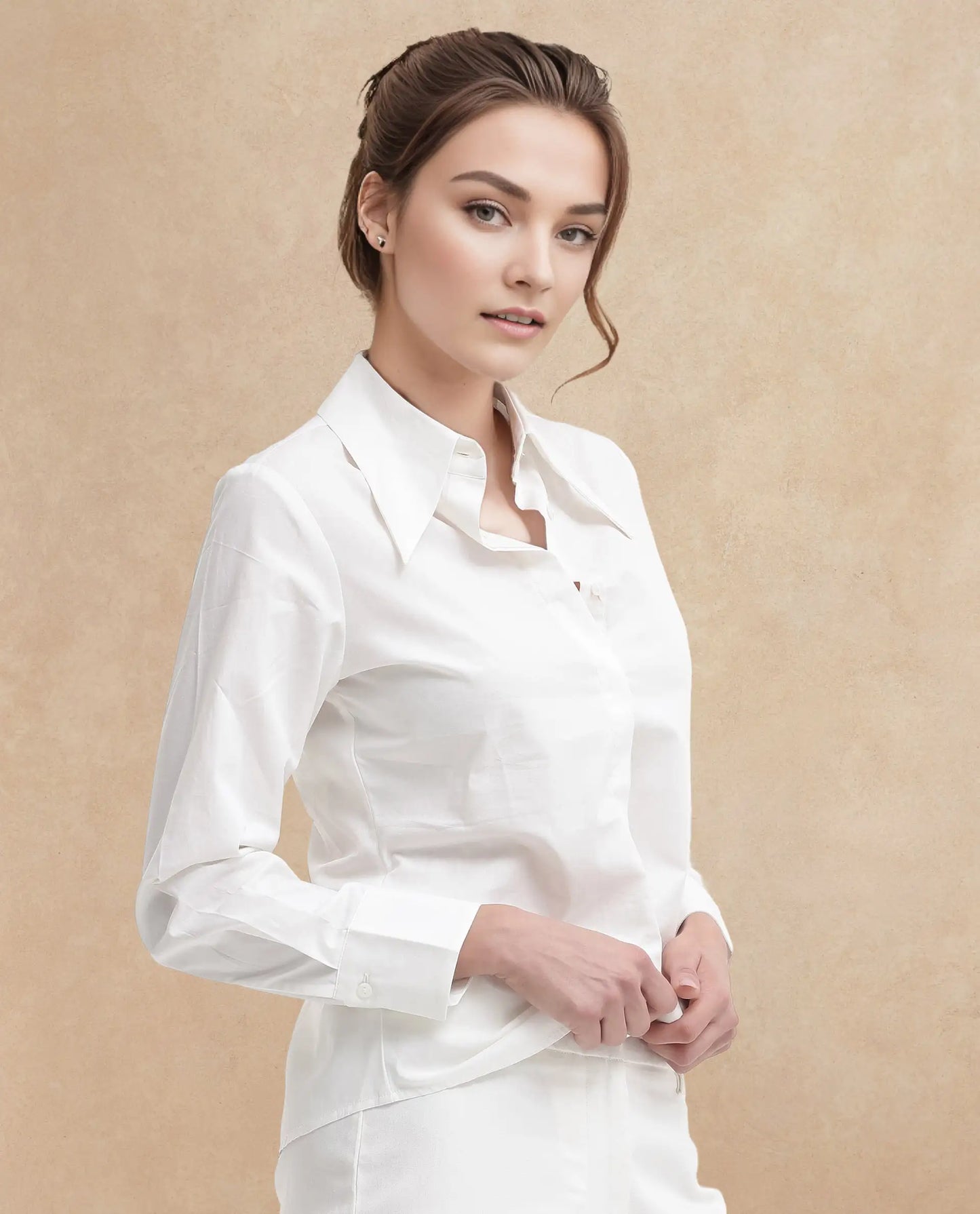 Rareism Women Ceos White Cuffed Sleeve Collared Neck Plain Top