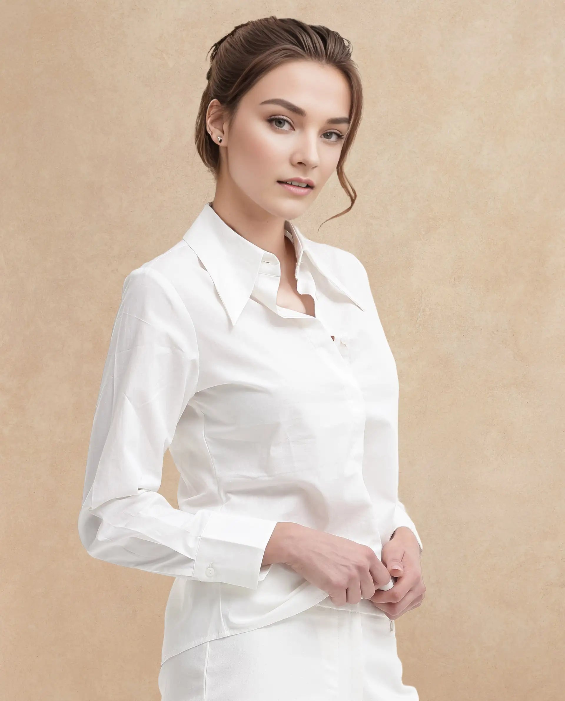 Rareism Women Ceos White Cuffed Sleeve Collared Neck Plain Top