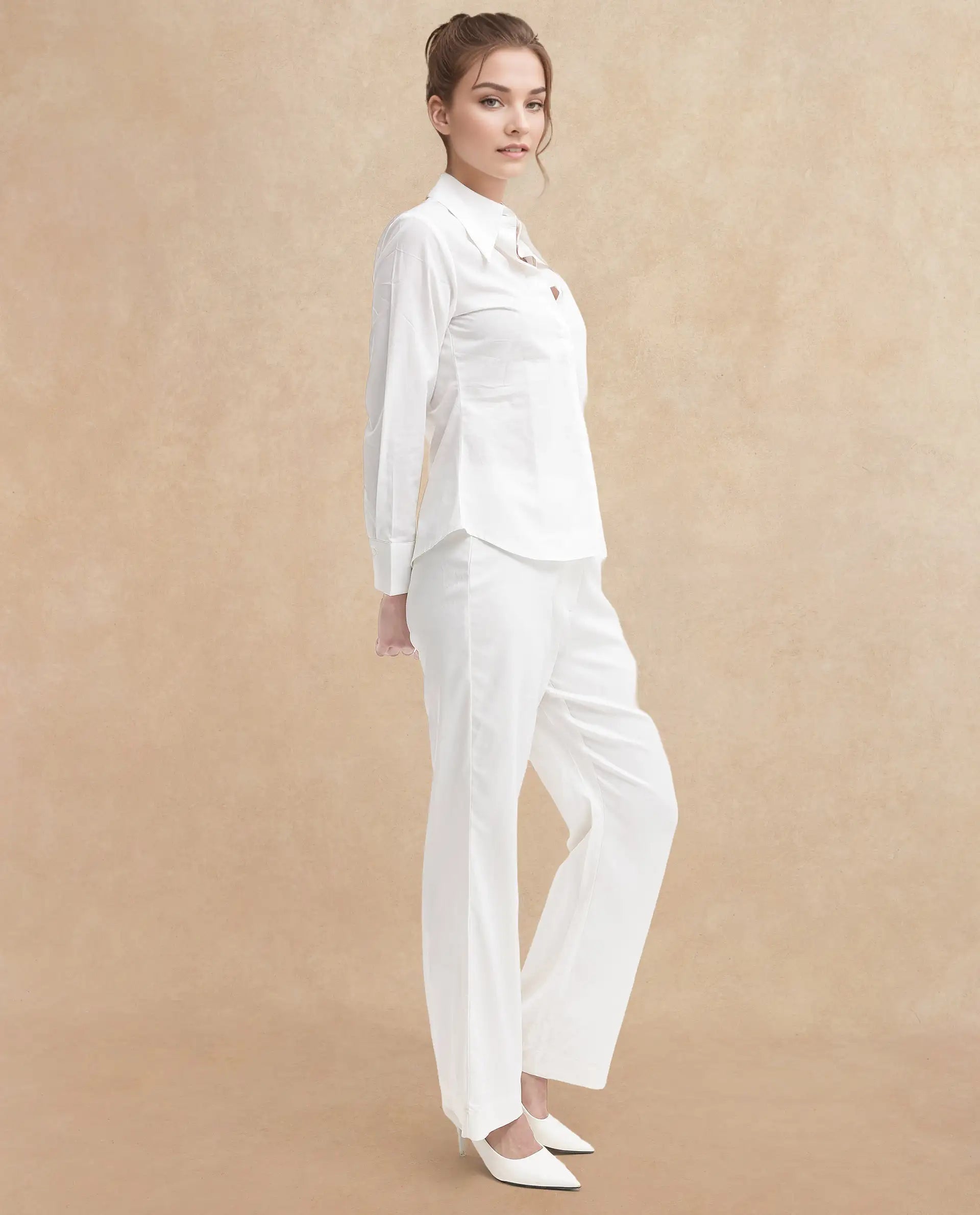 Rareism Women Ceos White Cuffed Sleeve Collared Neck Plain Top