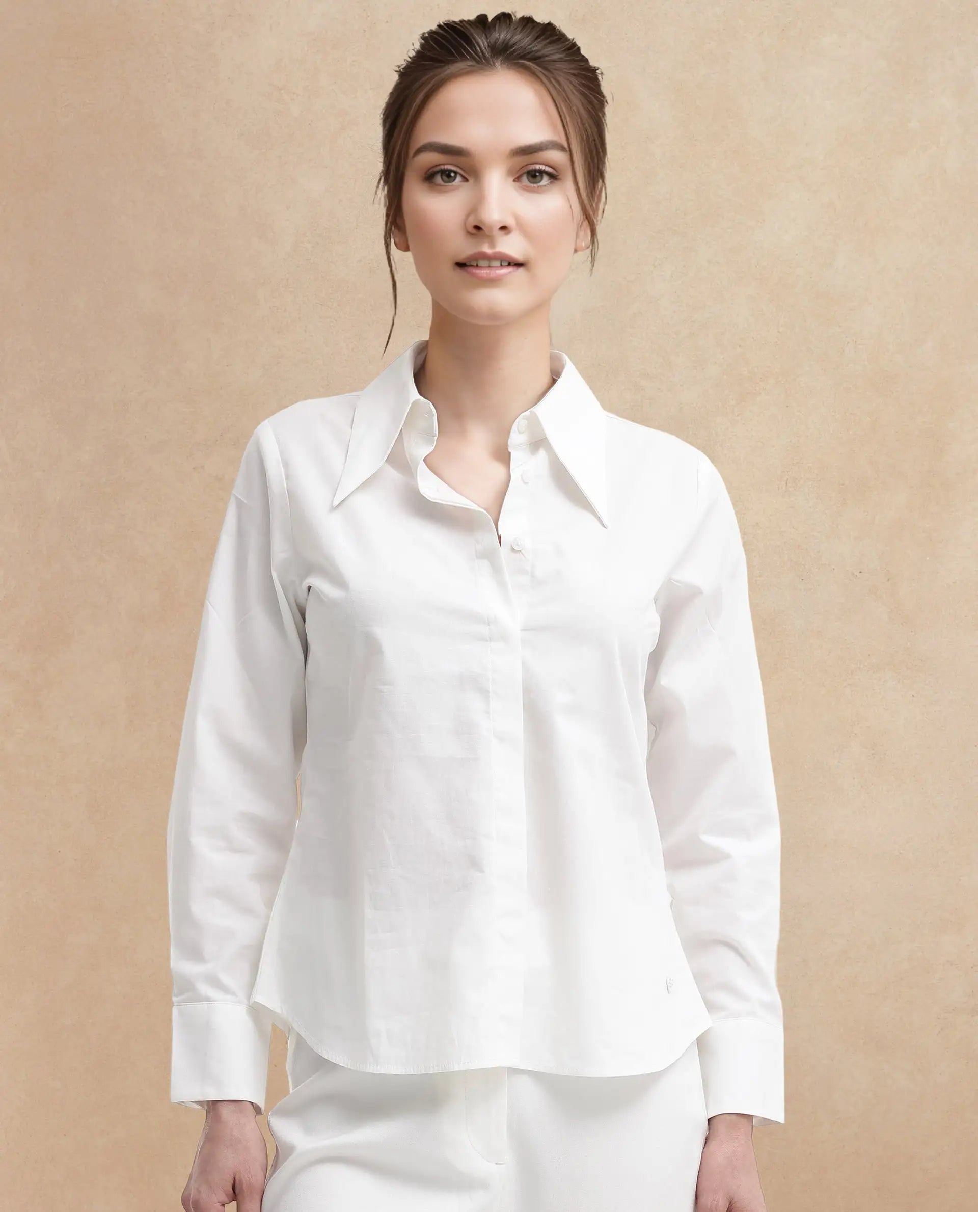 Rareism Women Ceos White Cuffed Sleeve Collared Neck Plain Top
