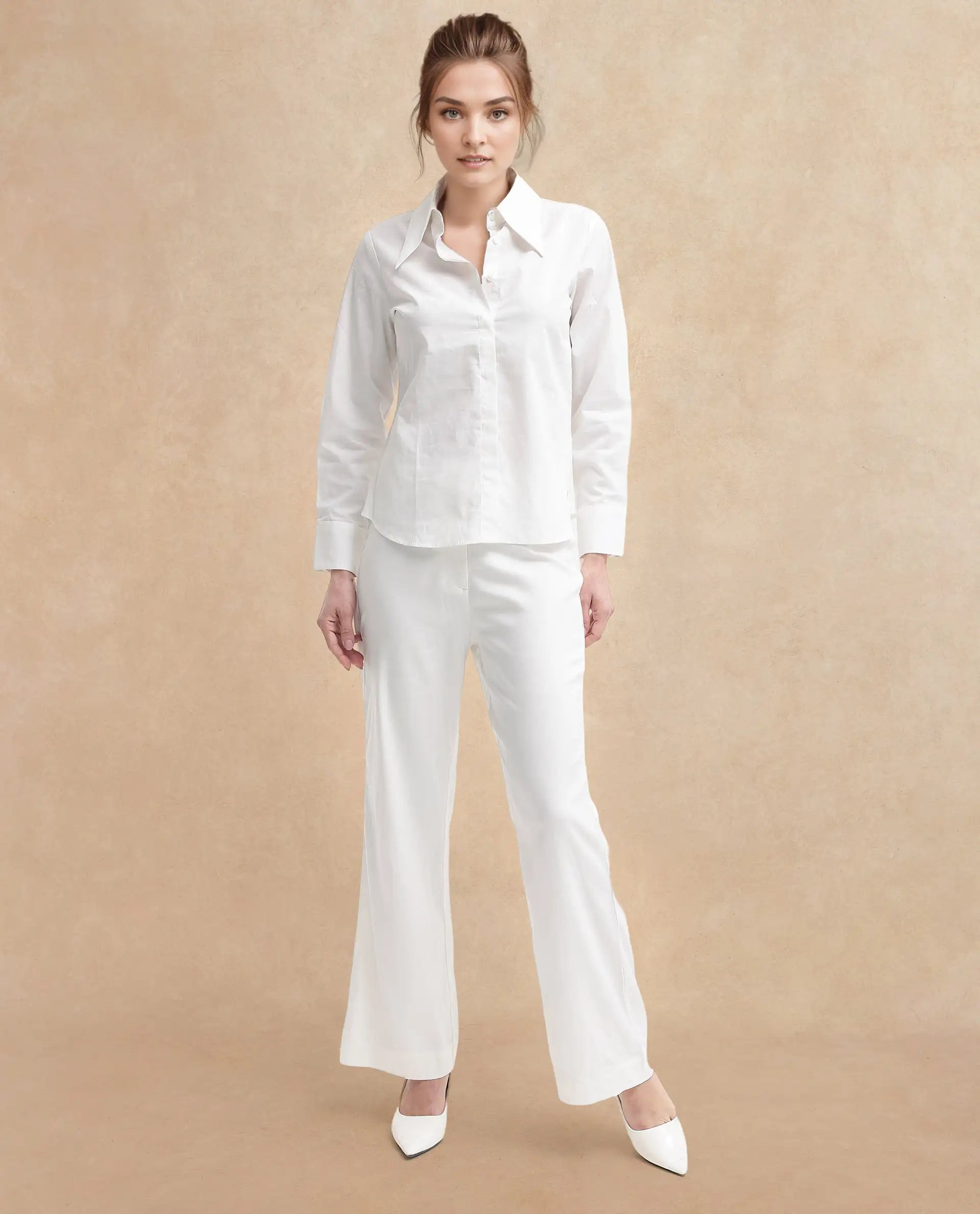 Rareism Women Ceos White Cuffed Sleeve Collared Neck Plain Top