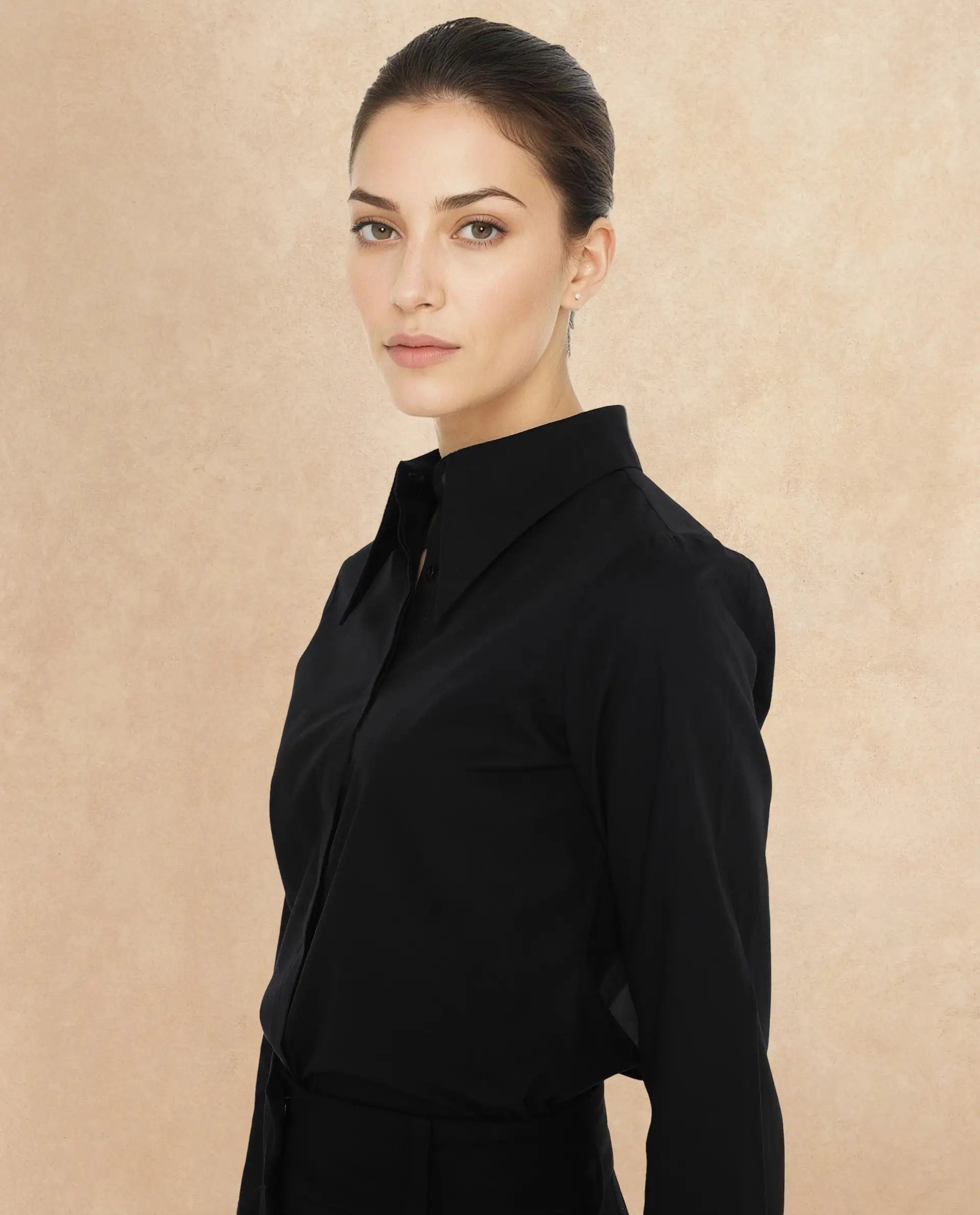 Rareism Women Ceos Black Cuffed Sleeve Collared Neck Plain Shirt