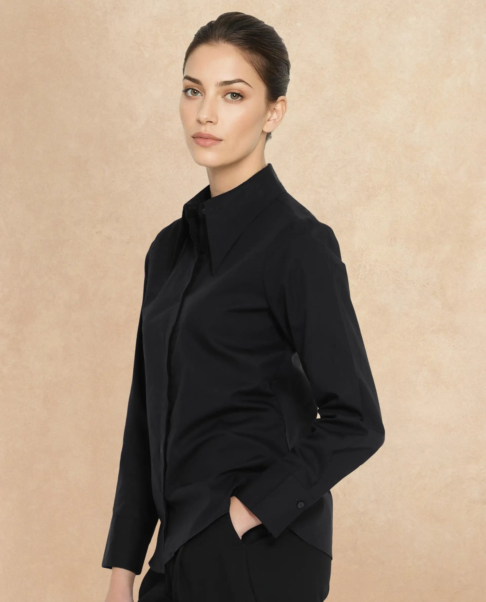 Rareism Women Ceos Black Cuffed Sleeve Collared Neck Plain Shirt