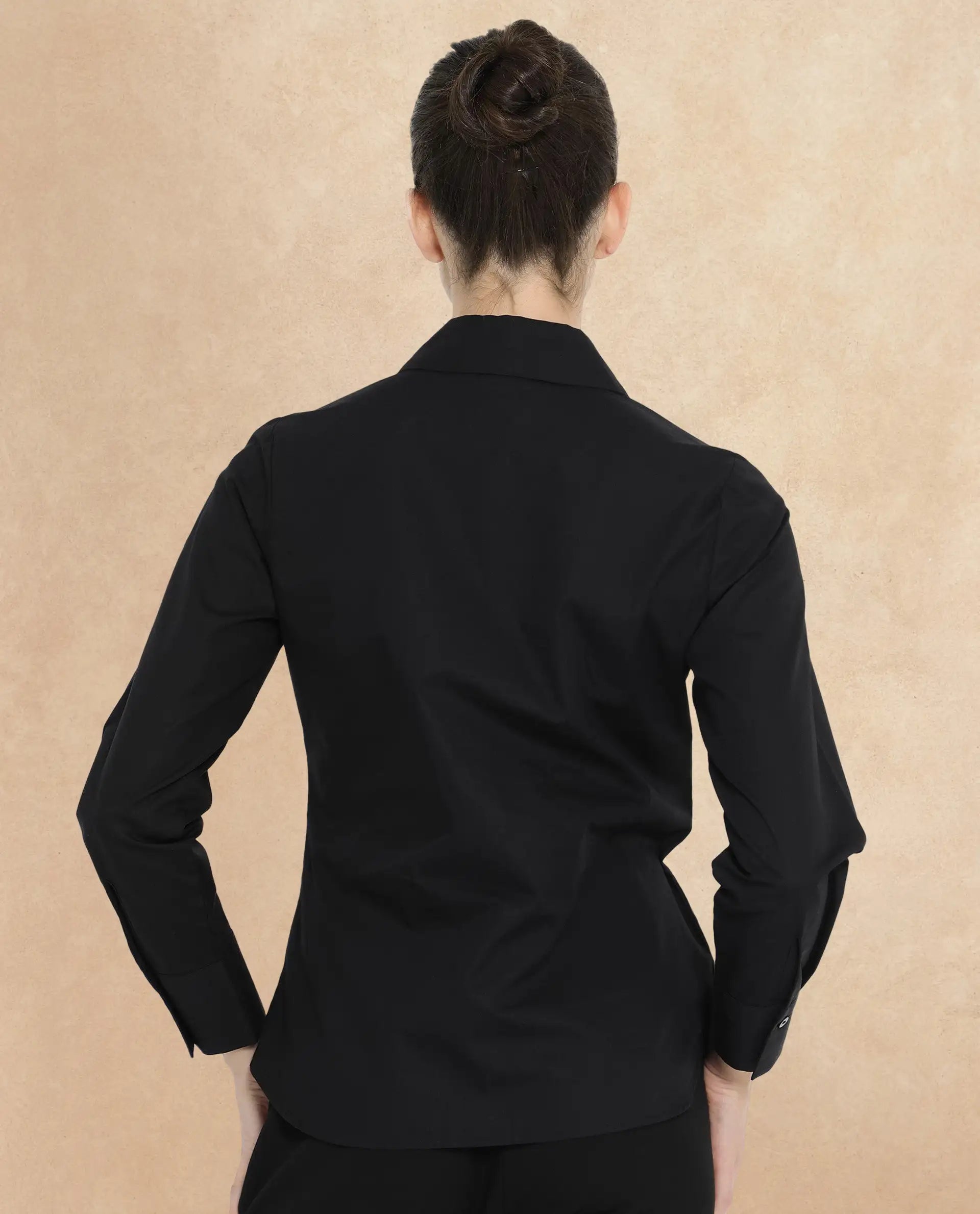 Rareism Women Ceos Black Cuffed Sleeve Collared Neck Plain Shirt