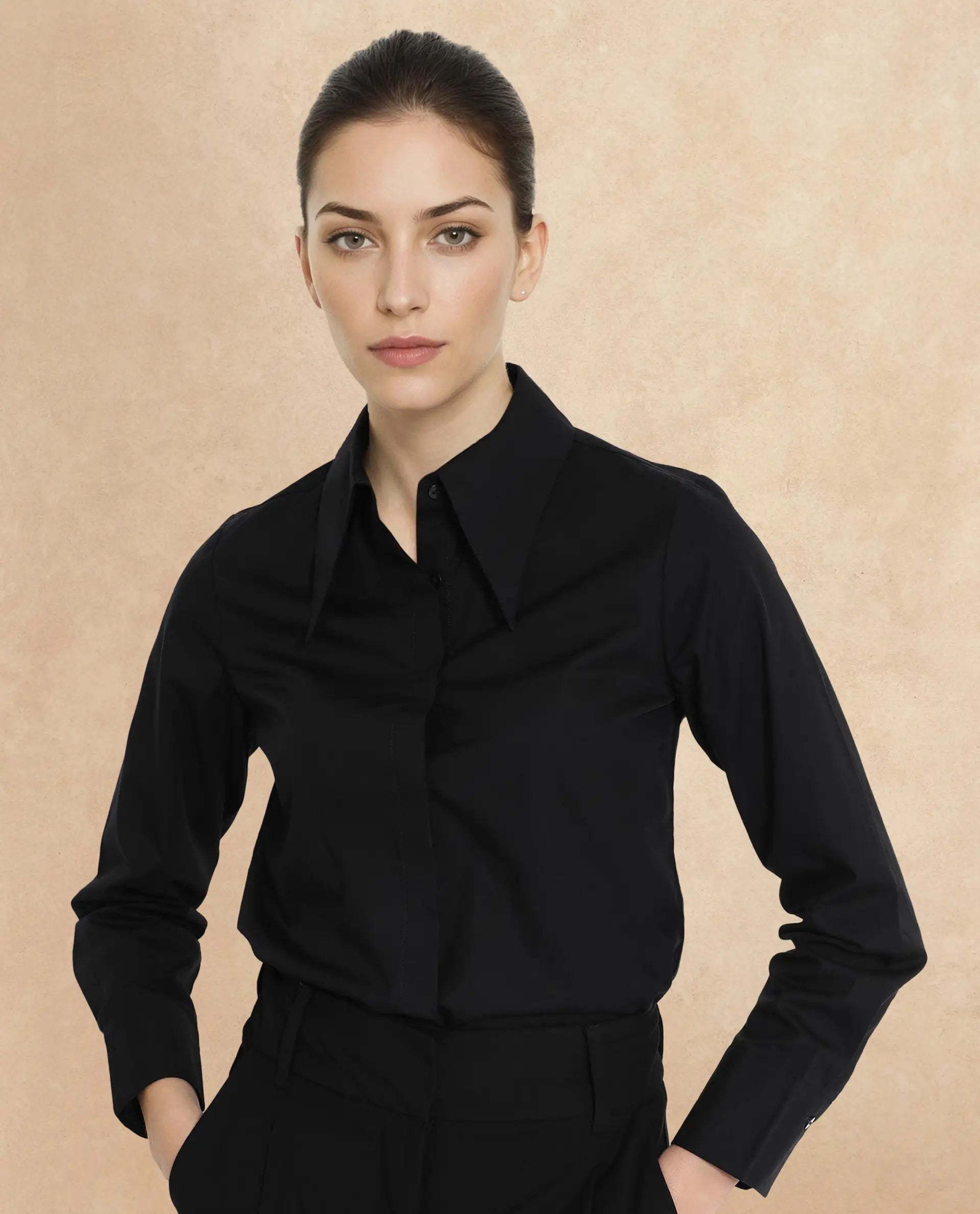 Rareism Women Ceos Black Cuffed Sleeve Collared Neck Plain Shirt