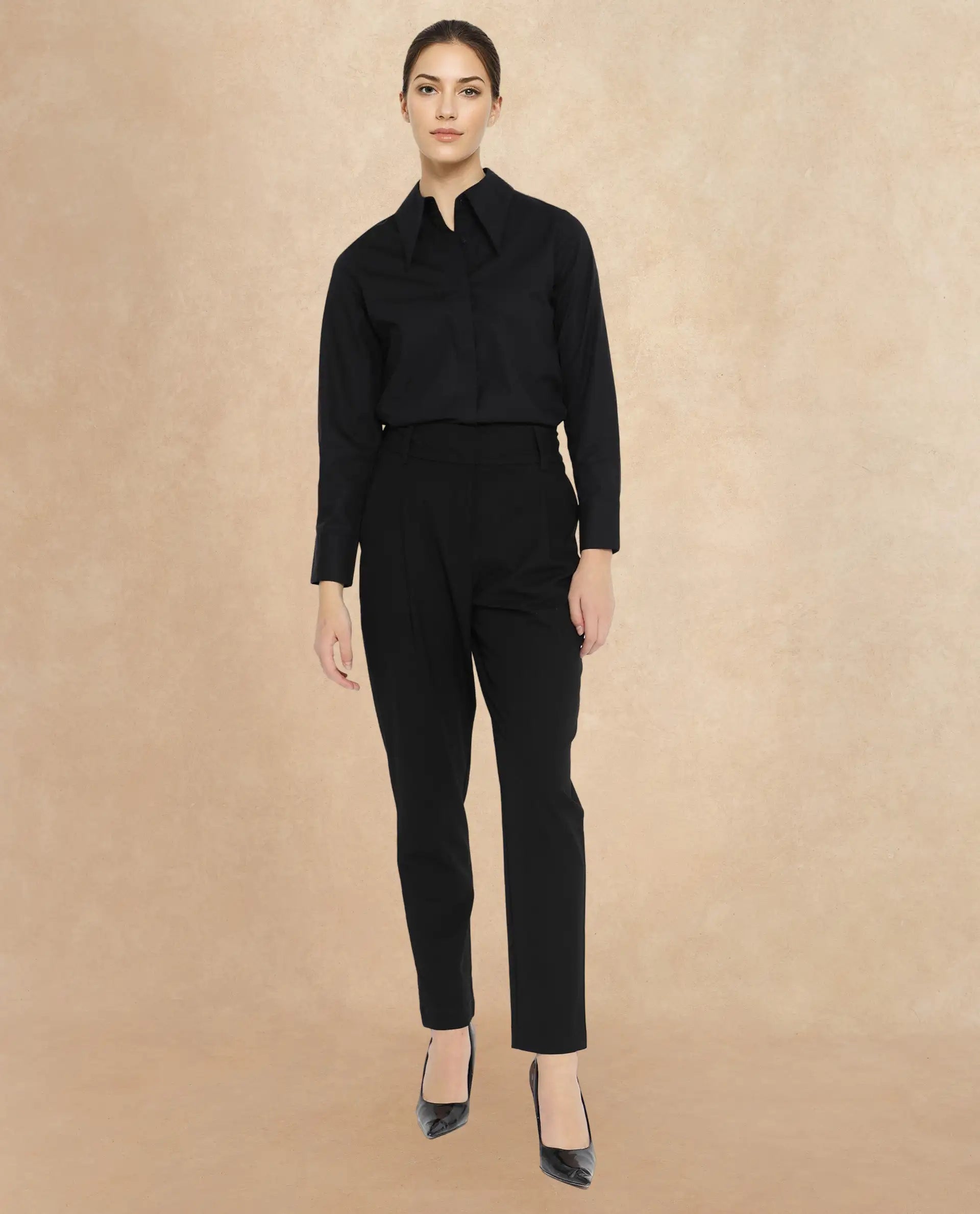 Rareism Women Ceos Black Cuffed Sleeve Collared Neck Plain Shirt