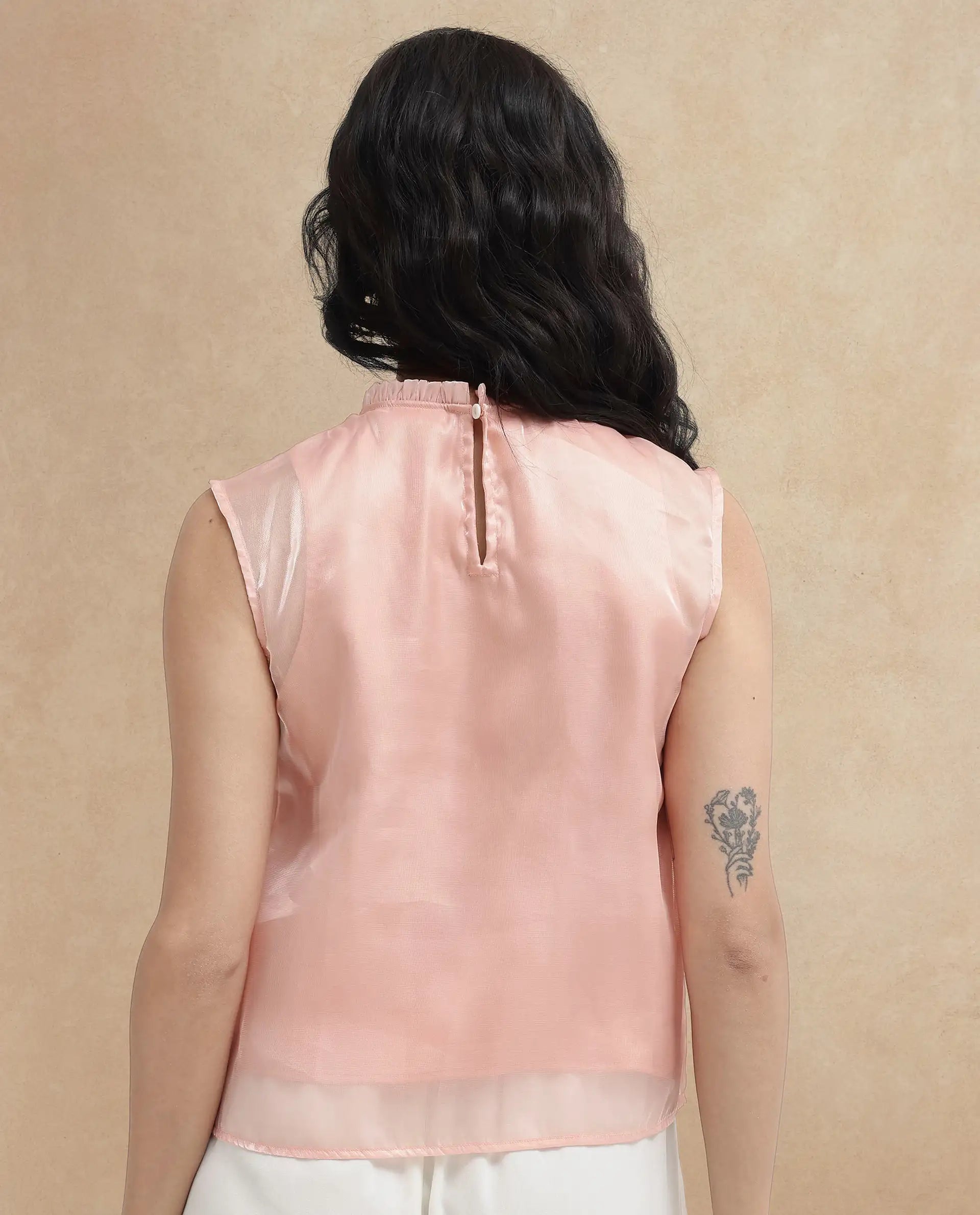 Rareism Women Cessena Beige Sleeveless Mandarin Collar Plain Top