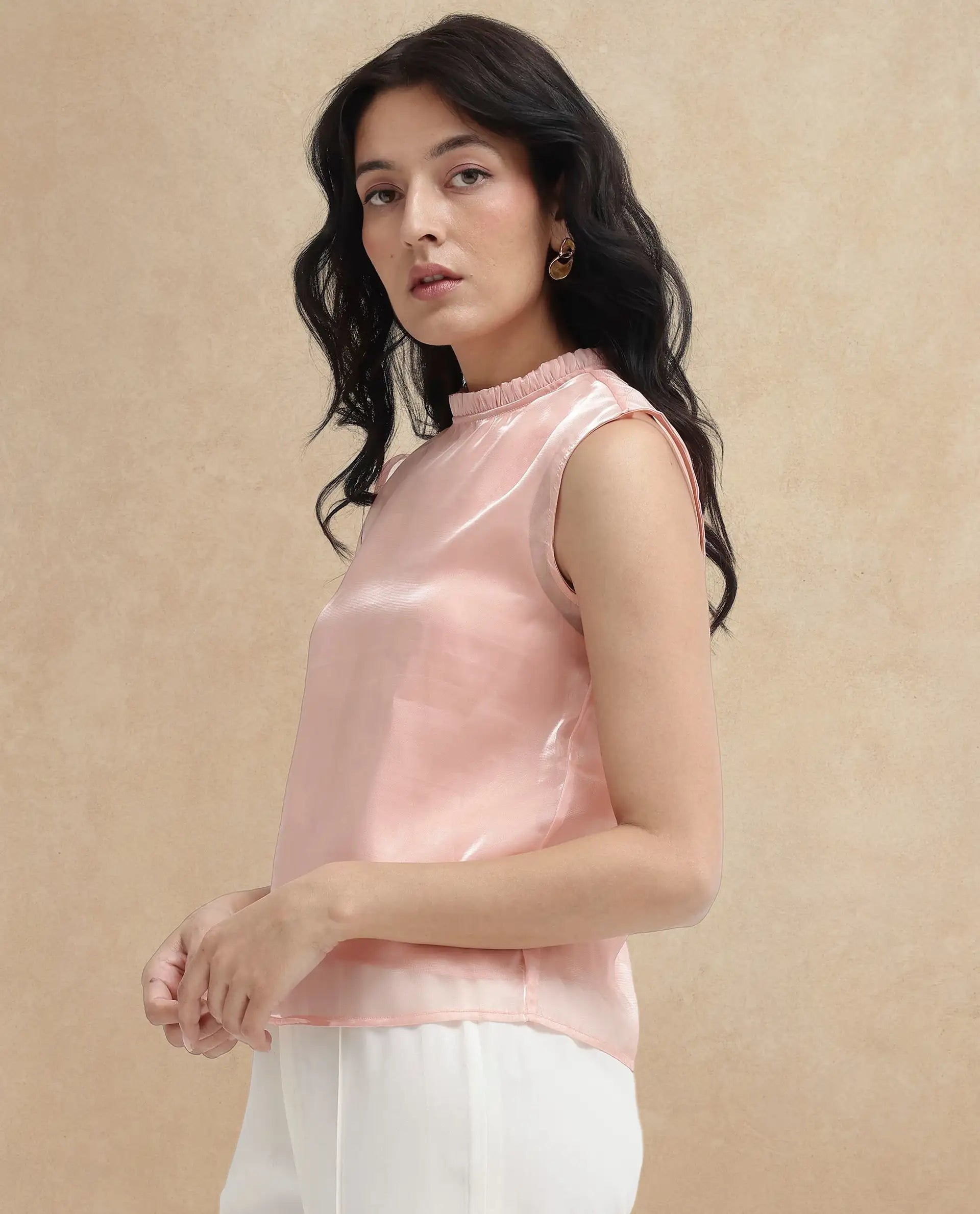 Rareism Women Cessena Beige Sleeveless Mandarin Collar Plain Top